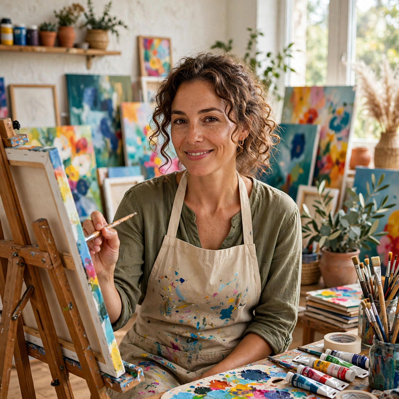 Fictional woman artist painting at an easel in a bright art studio