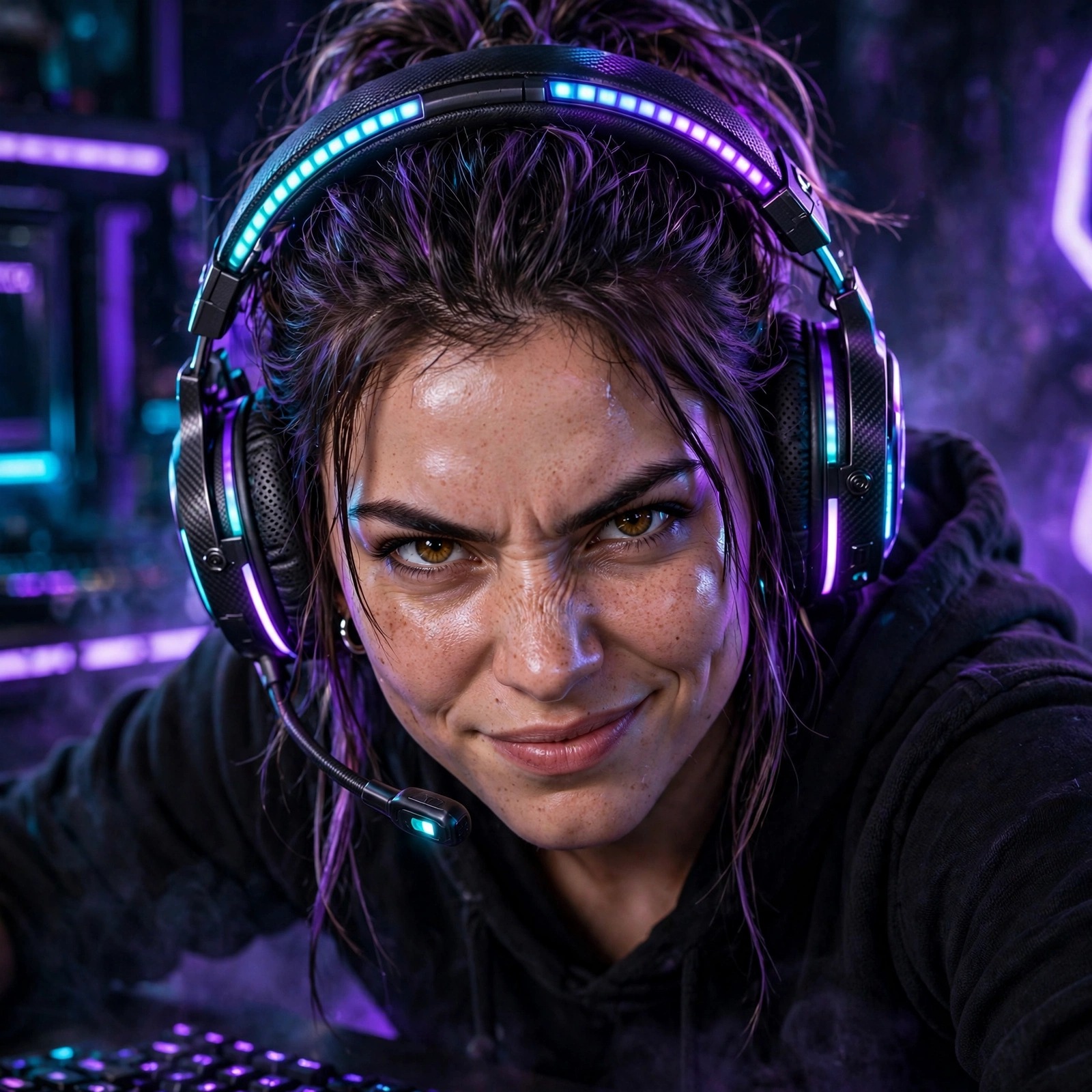 fierce gamer girl with glowing headset