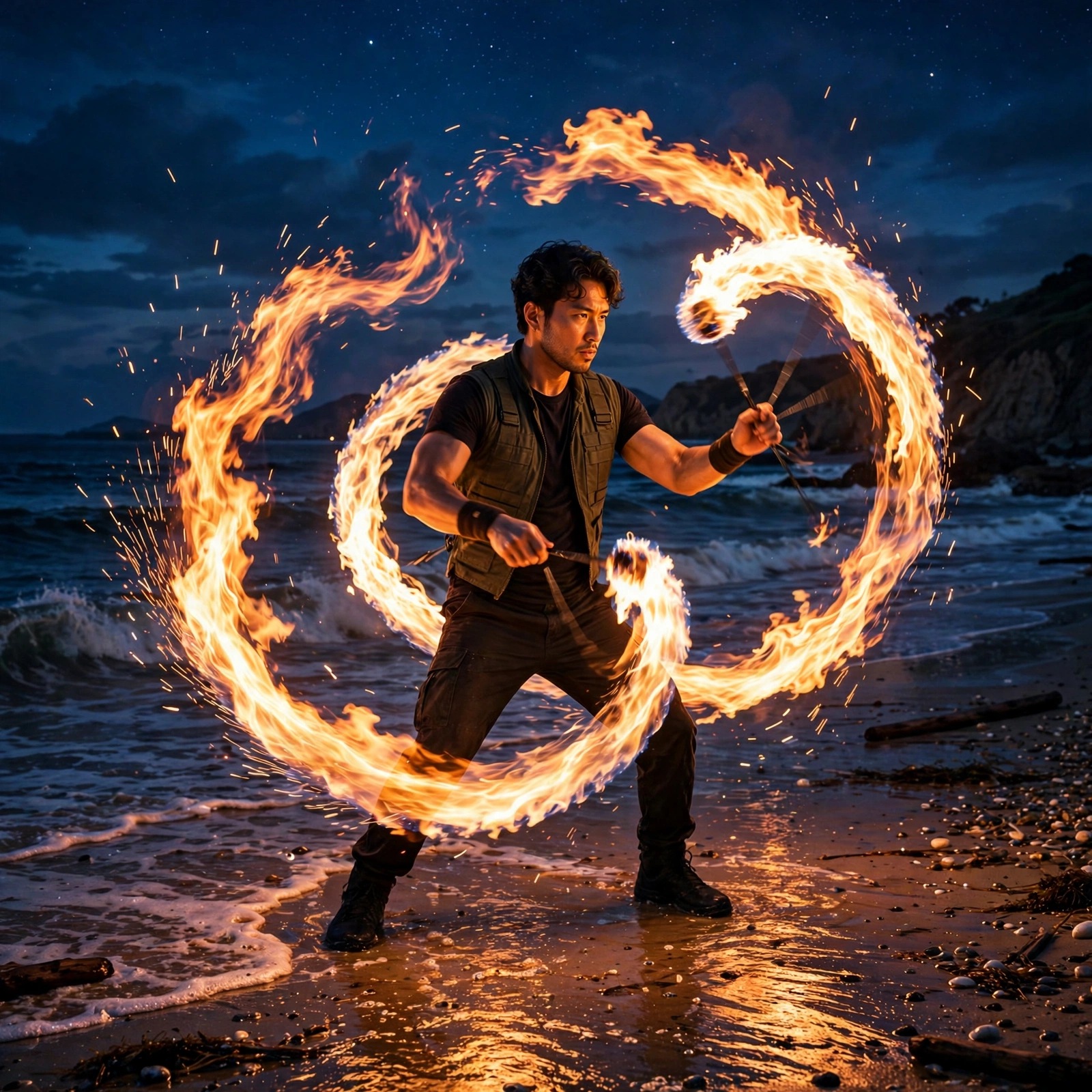 a fictional adult man fire dancer spinning blazing poi chains on a night beach, glowing arcs of fire motion trails around him. boys dp