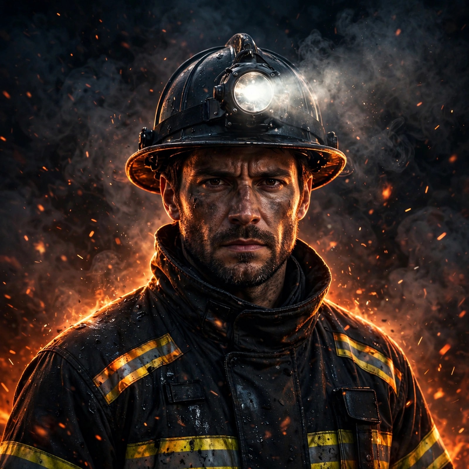 Firefighter in turnout gear and helmet among glowing embers at night, square boys DP