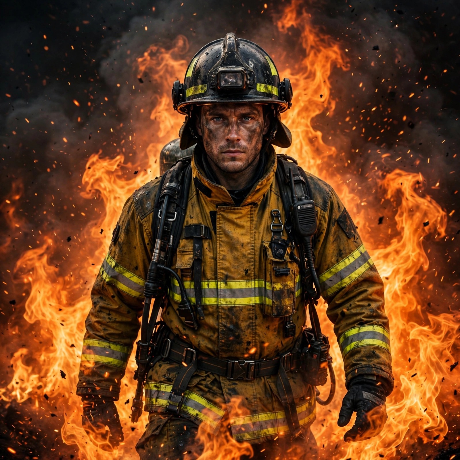 Firefighter walking through flames in full gear, attitude WhatsApp DP