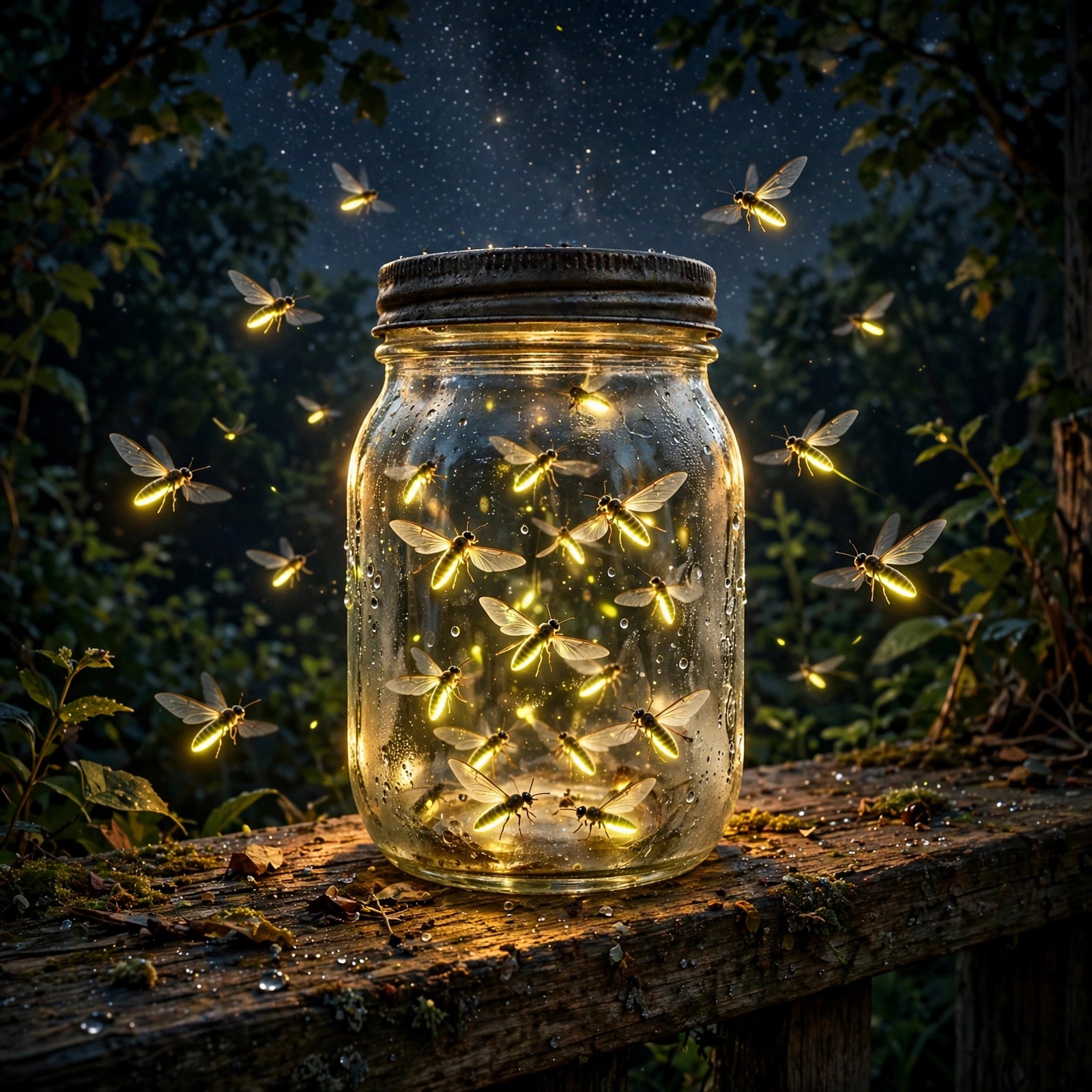 A glass jar glowing with fireflies on a wooden porch railing at night