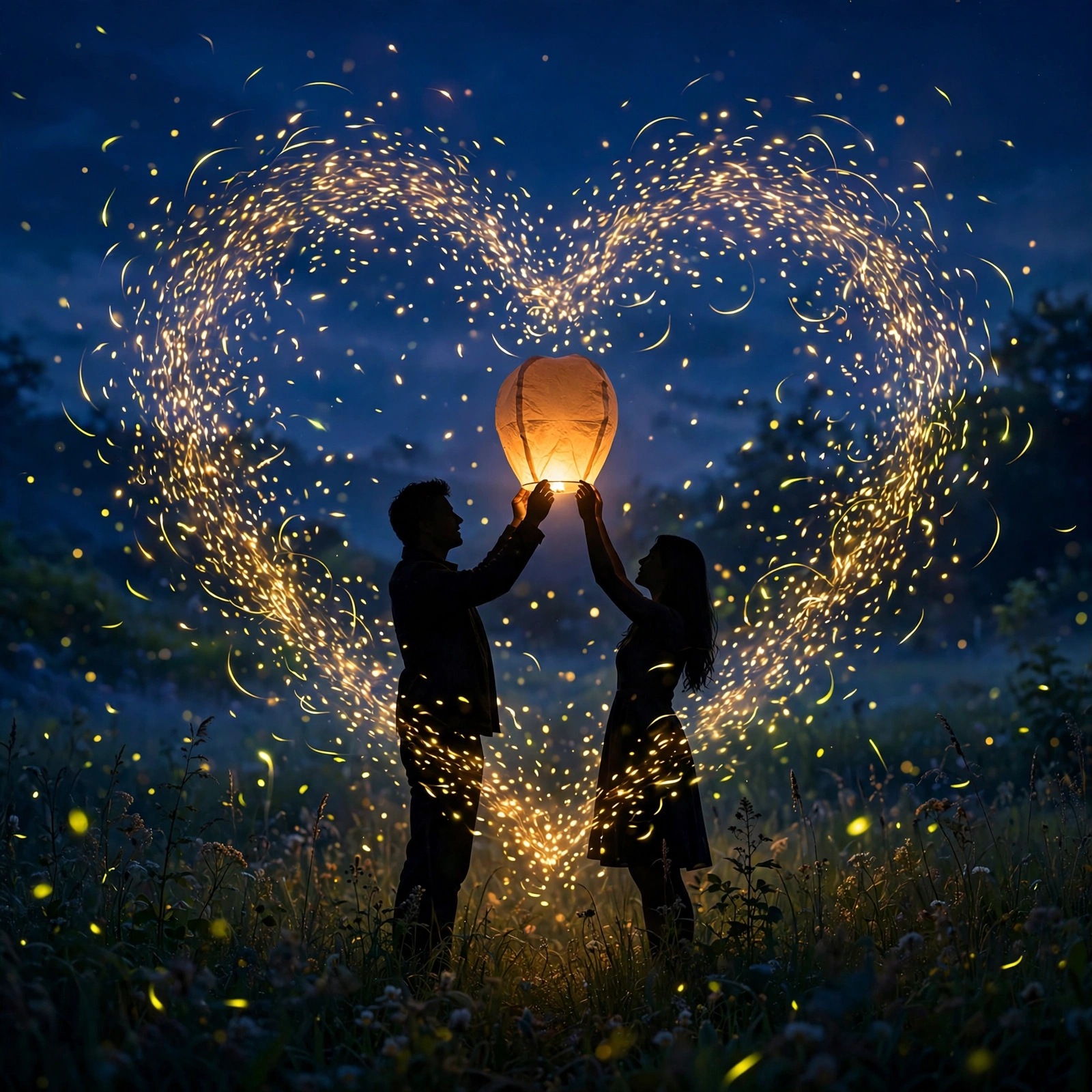 Couple silhouette releasing a glowing lantern with fireflies forming a heart at dusk