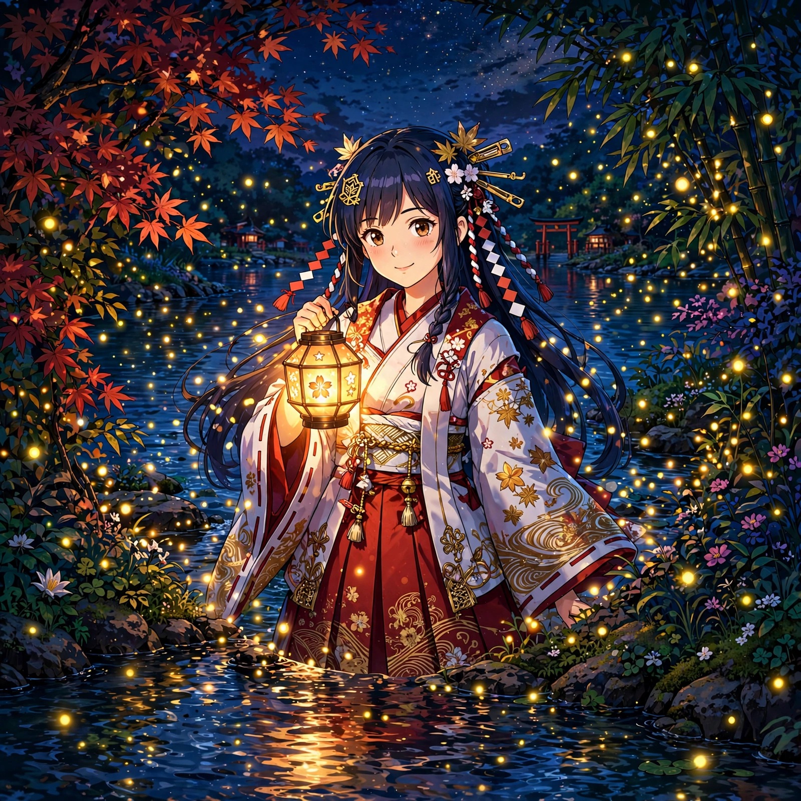 Shrine maiden with lantern by river at dusk among fireflies, square anime DP