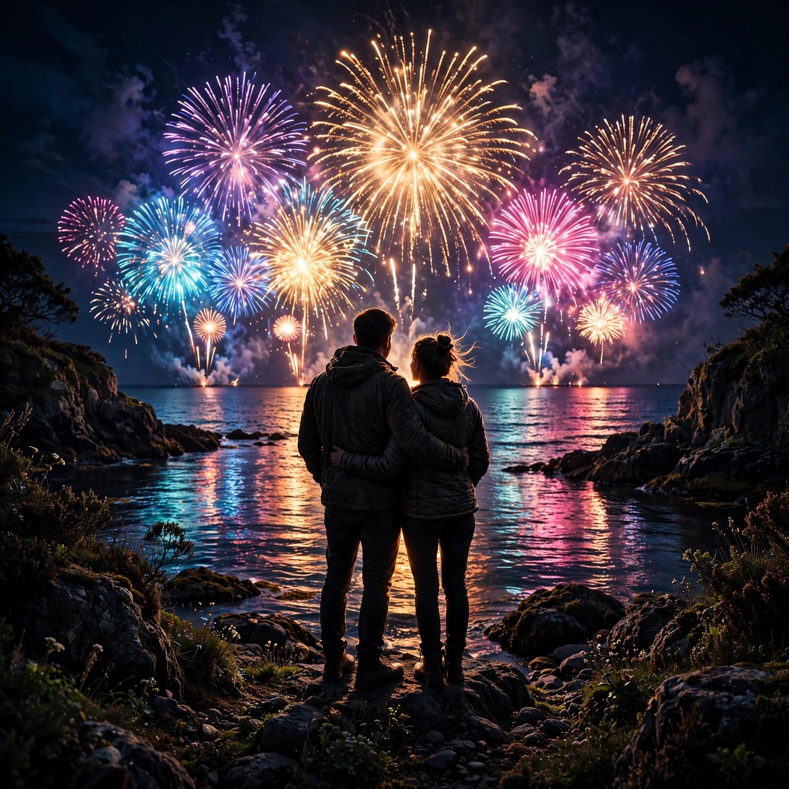 Couple silhouette watching colorful fireworks bursting over the sea at night with water reflections