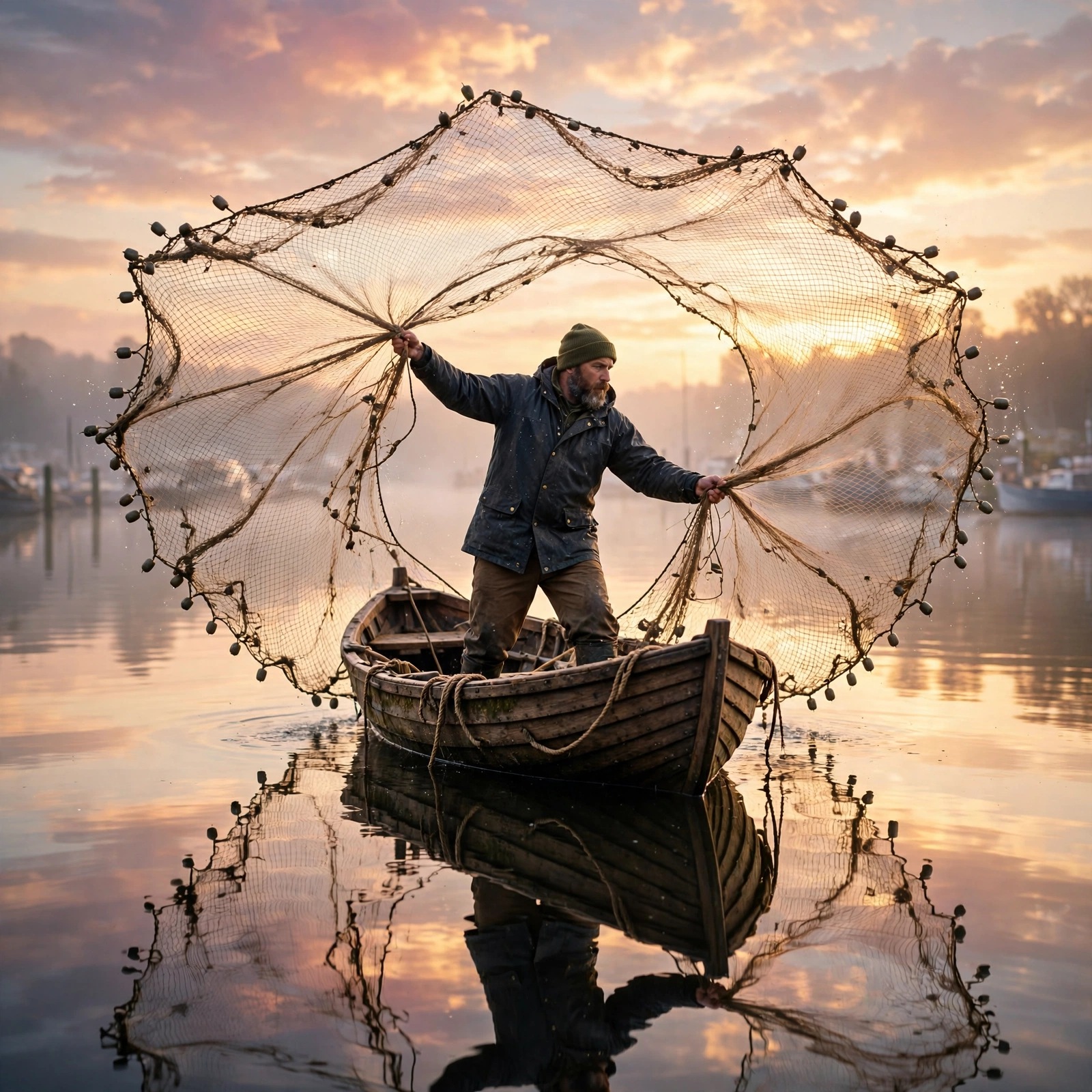 Fisherman Casting a Net at Harbour Dawn