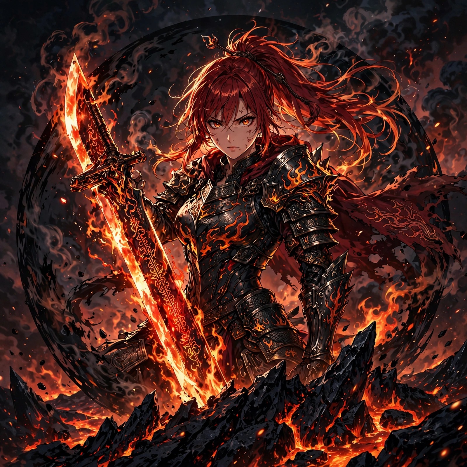 an anime warrior woman holding a flaming greatsword on a volcanic obsidian ridge anime dp