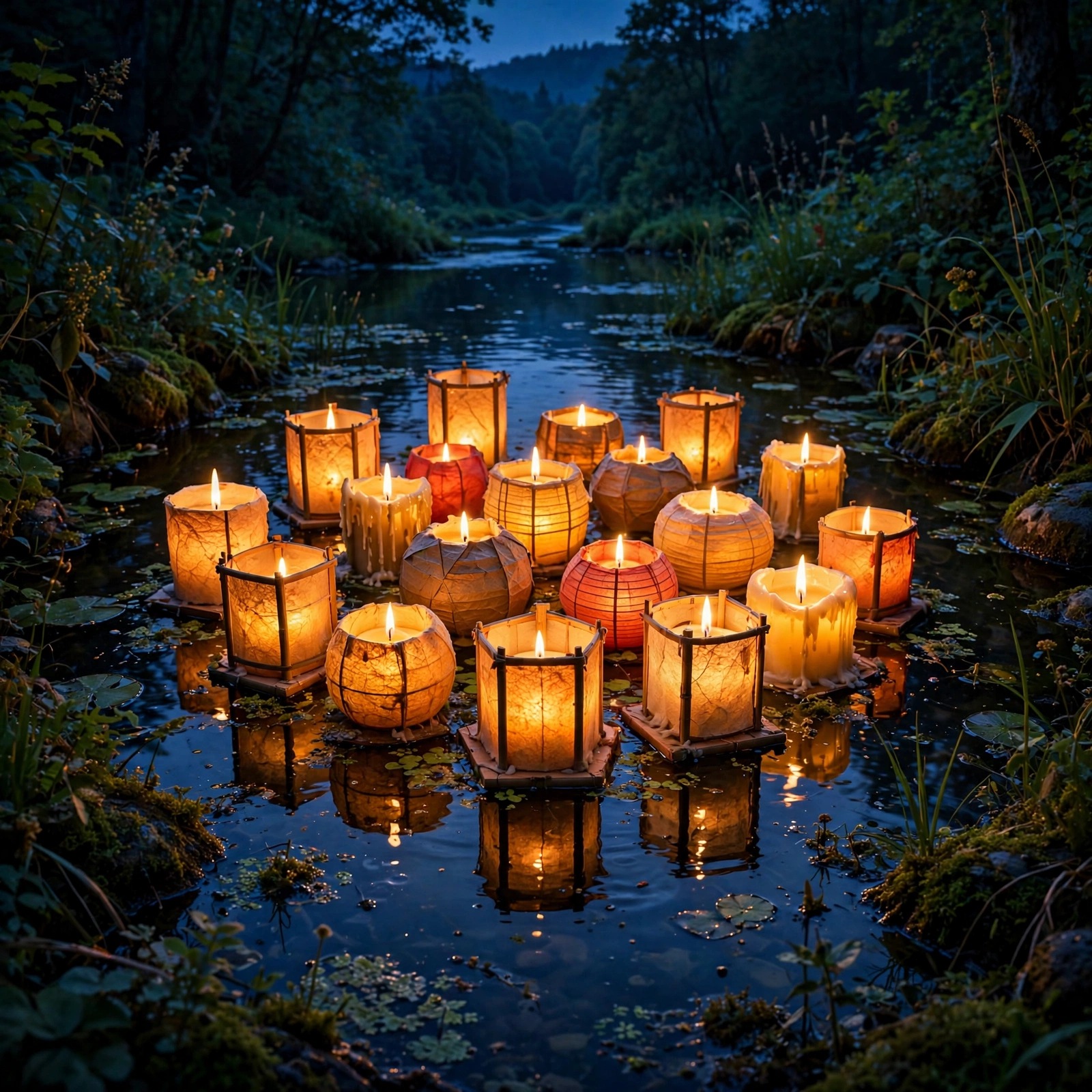 Glowing candle lanterns floating on a calm river at twilight with reflections