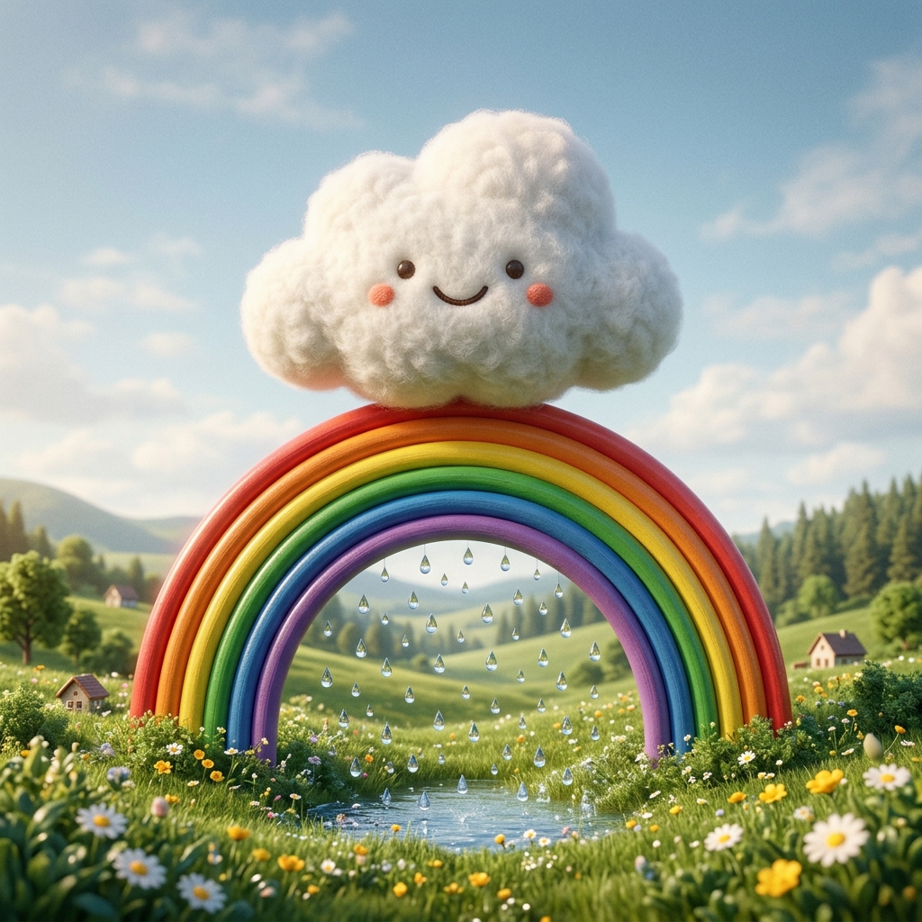 A soft smiling cloud sits above a colorful rainbow in a sunlit miniature meadow