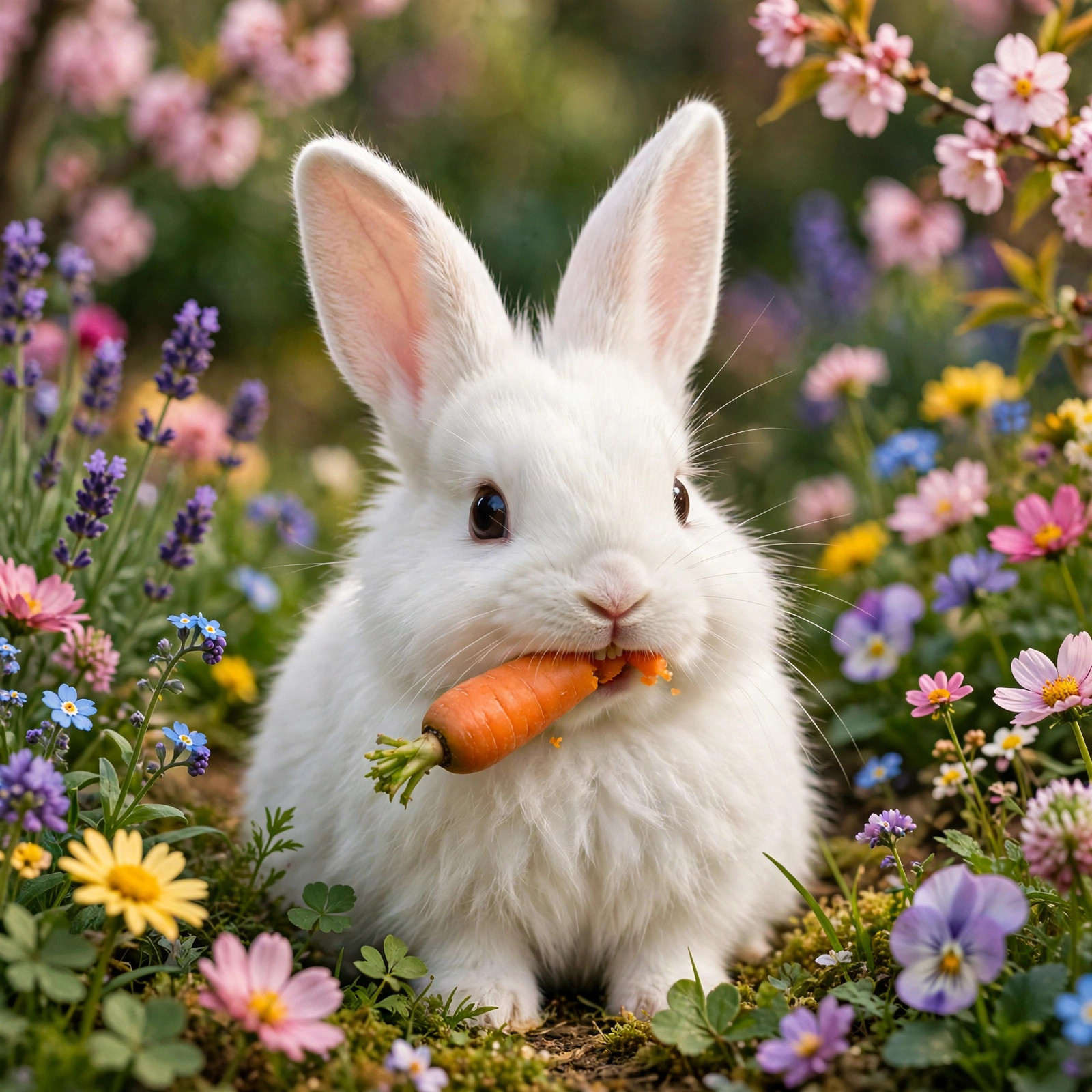 Fluffy white bunny nibbling an orange carrot in a colorful flower garden