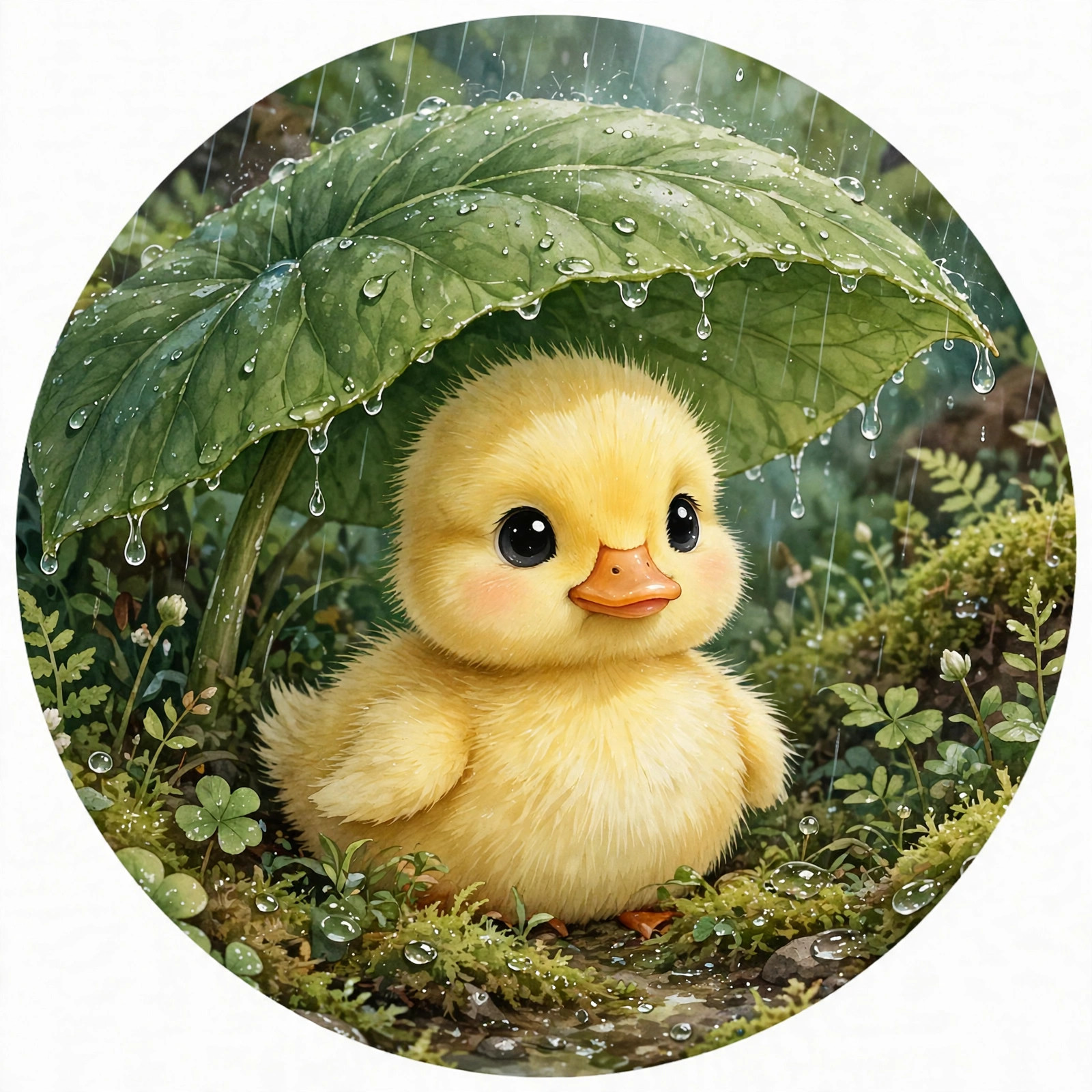 Fluffy yellow duckling sheltering under a big green leaf during gentle rain