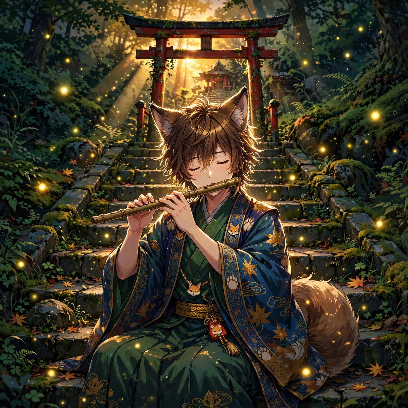 anime fox spirit boy playing a flute on mossy shrine steps anime dp
