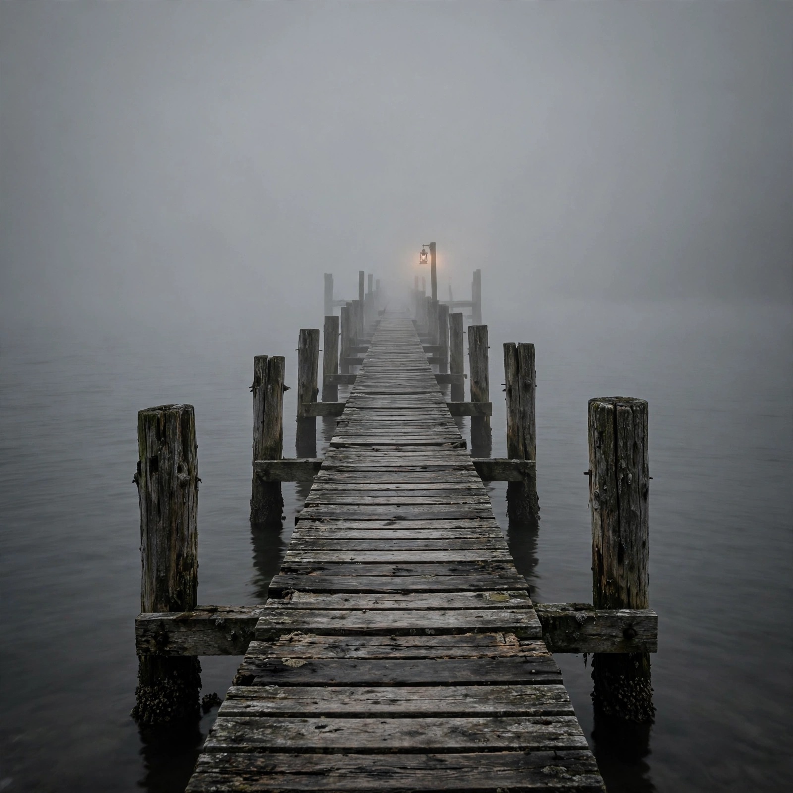 long empty wooden pier disappearing into thick grey fog sad dp