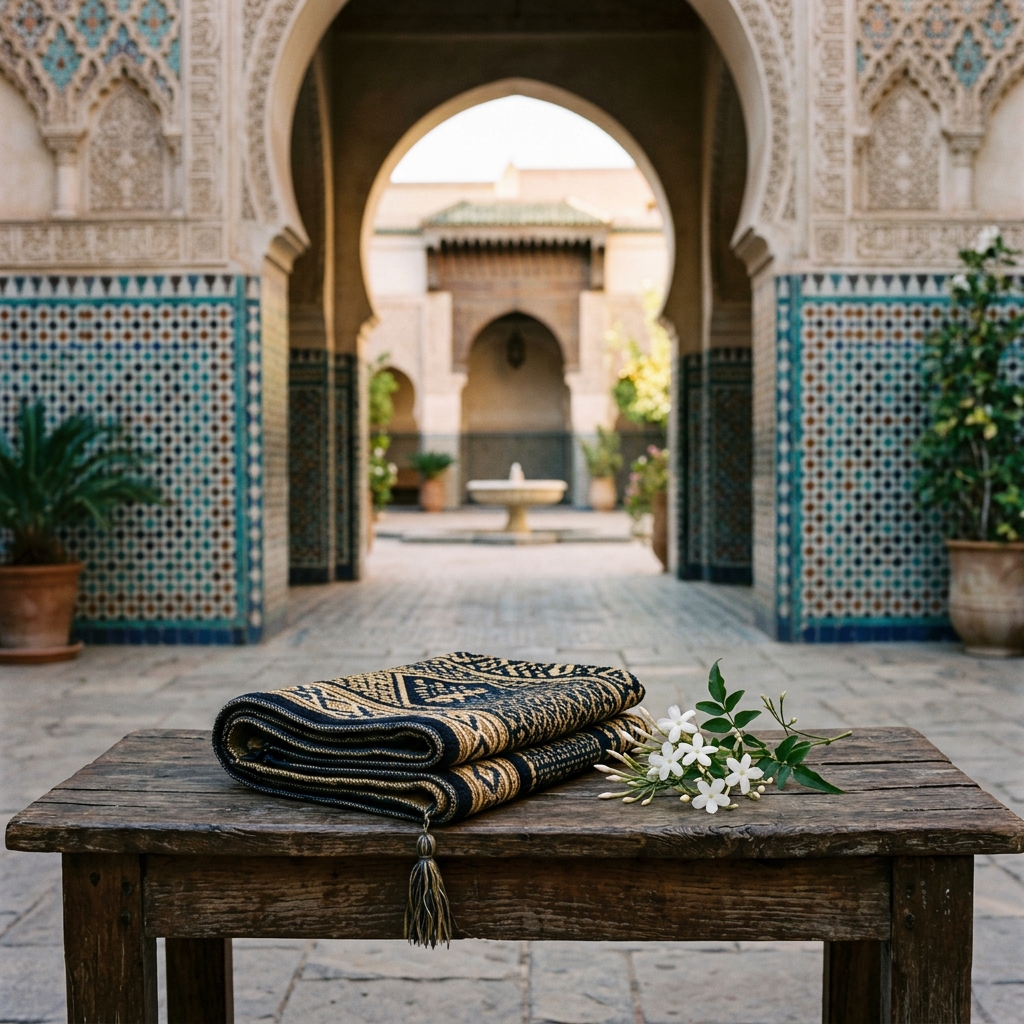 A folded prayer mat rests beside a small jasmine branch on a clean bench