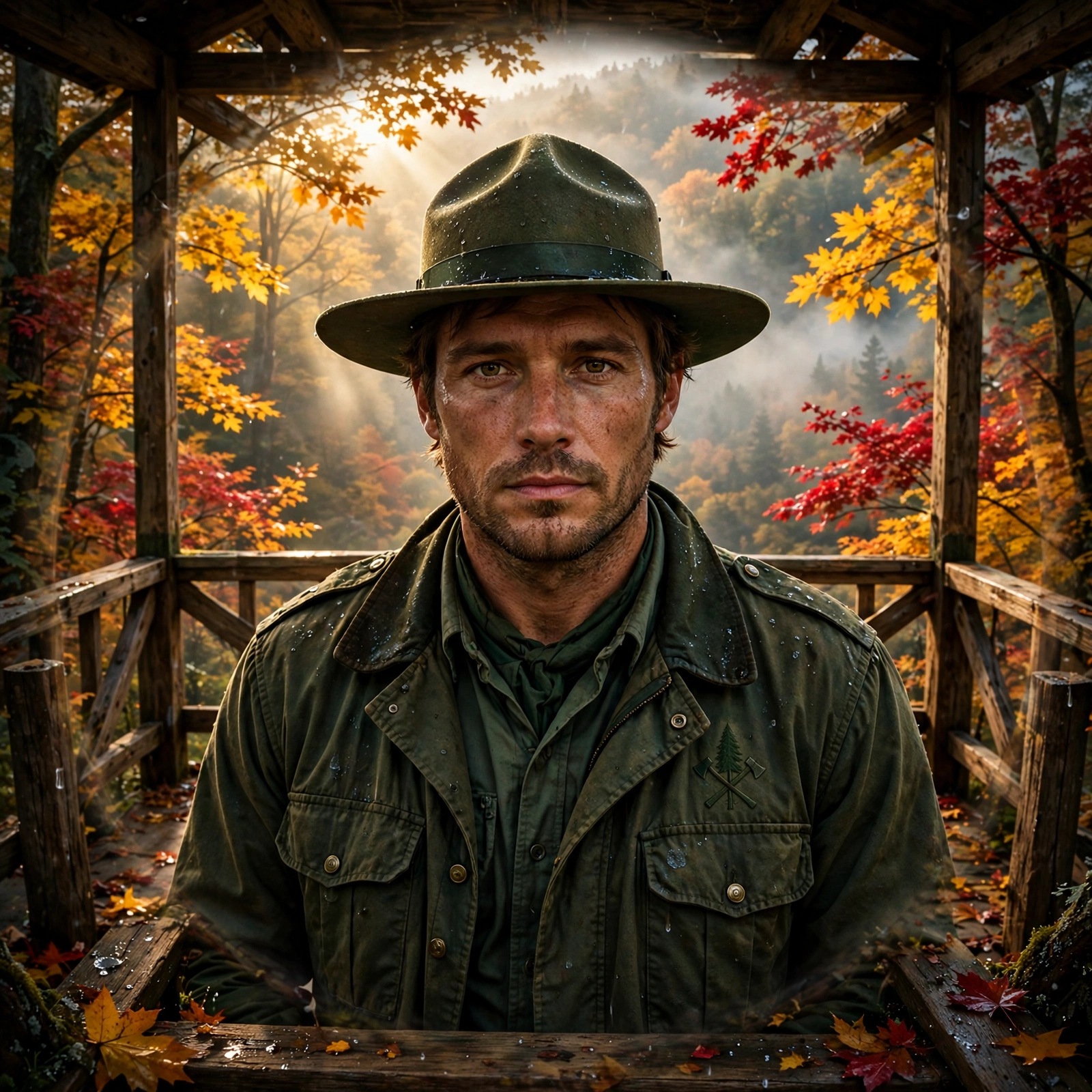 Forest ranger at a wooden lookout tower in an autumn forest
