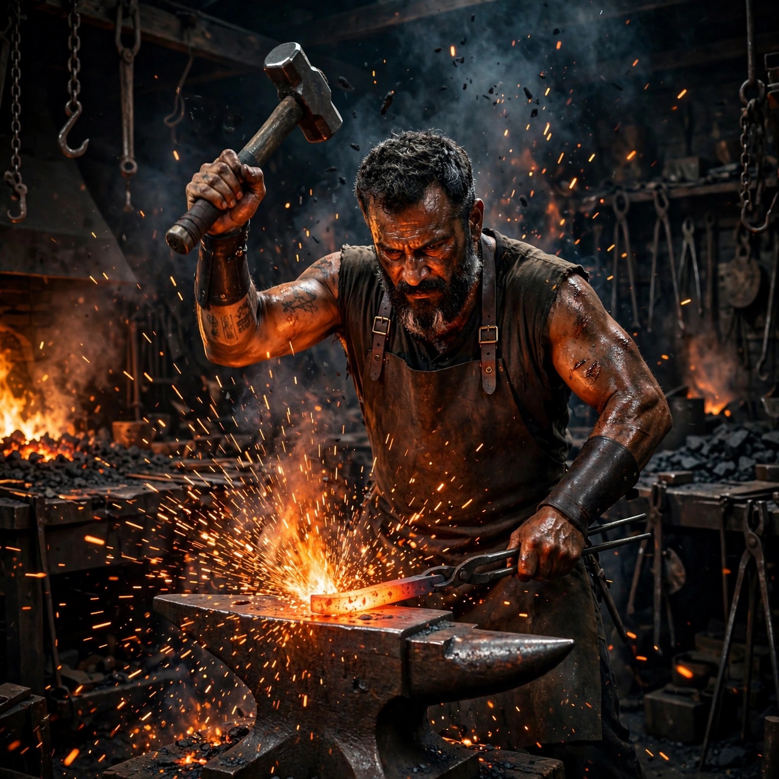 Blacksmith hammering glowing iron with sparks in dark forge, attitude DP