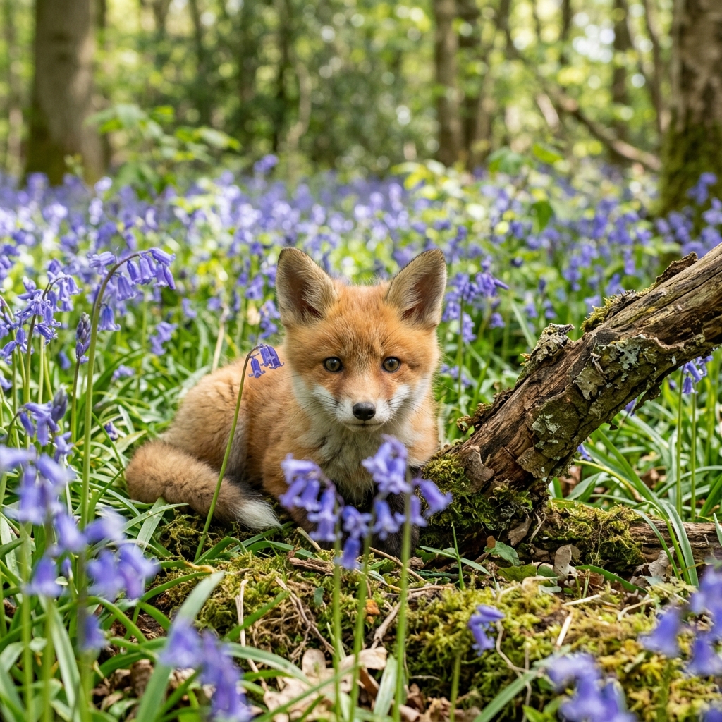 A fox cub peeks through woodland bluebells beside a fallen branch