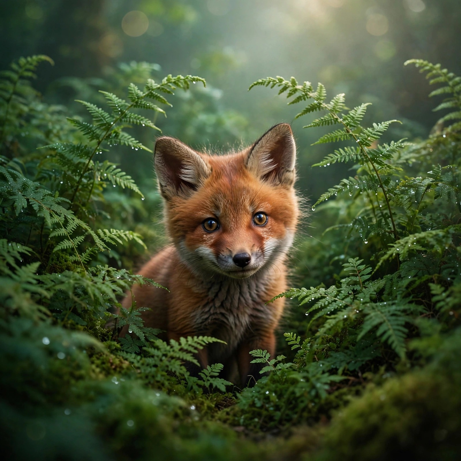 Red fox kit peeking through misty green ferns in a forest glade