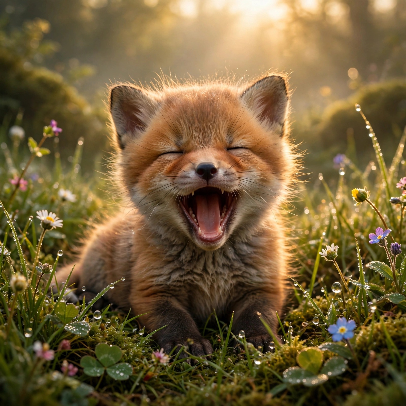 baby fox pup yawning in dewy grass cute dp