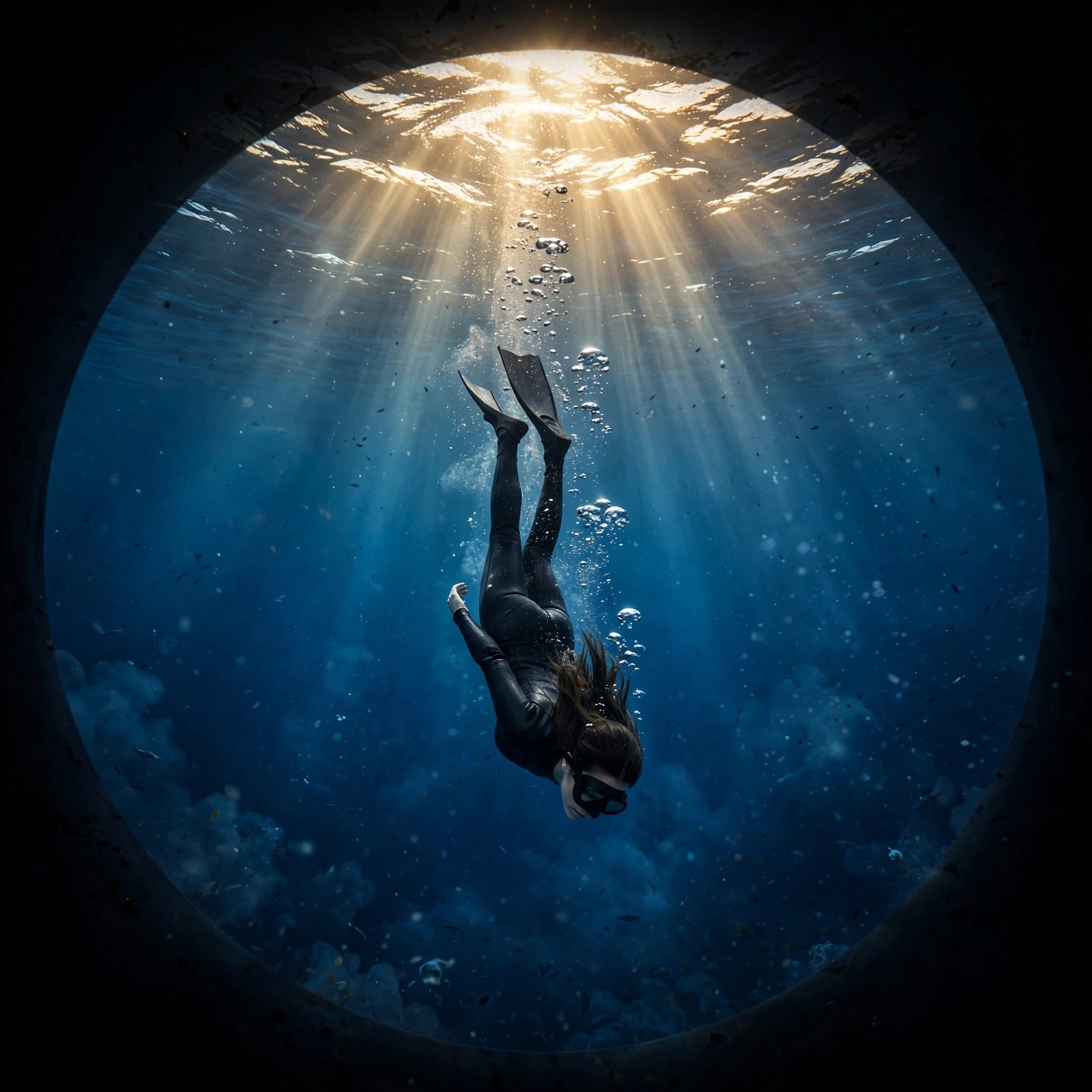 Free diver descending into deep blue water with sun rays, motivational DP