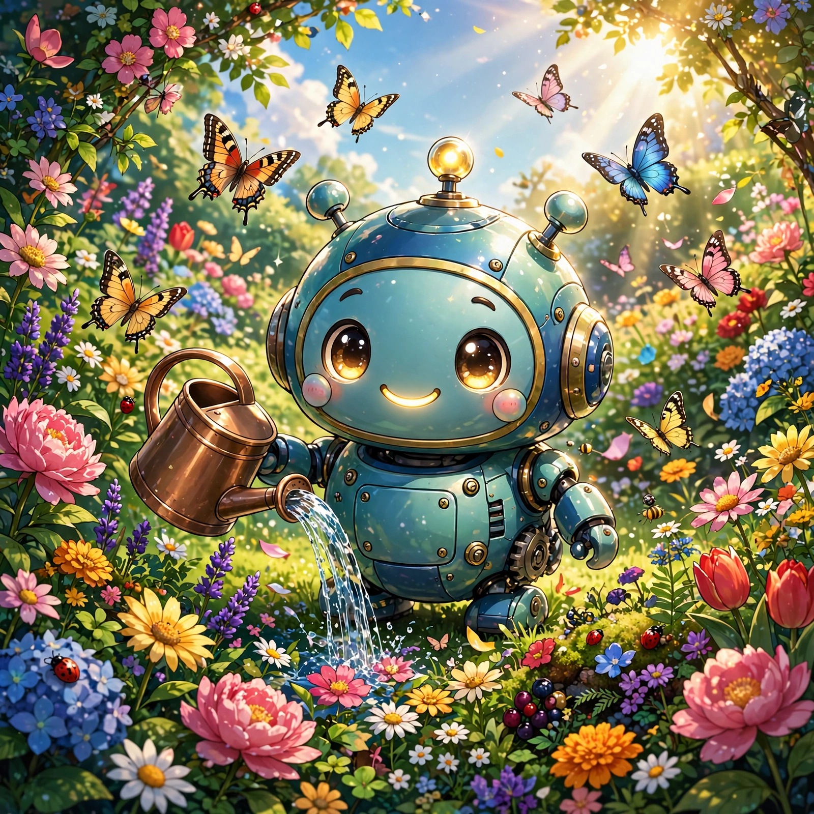 Anime robot watering flowers in a sunny flower garden