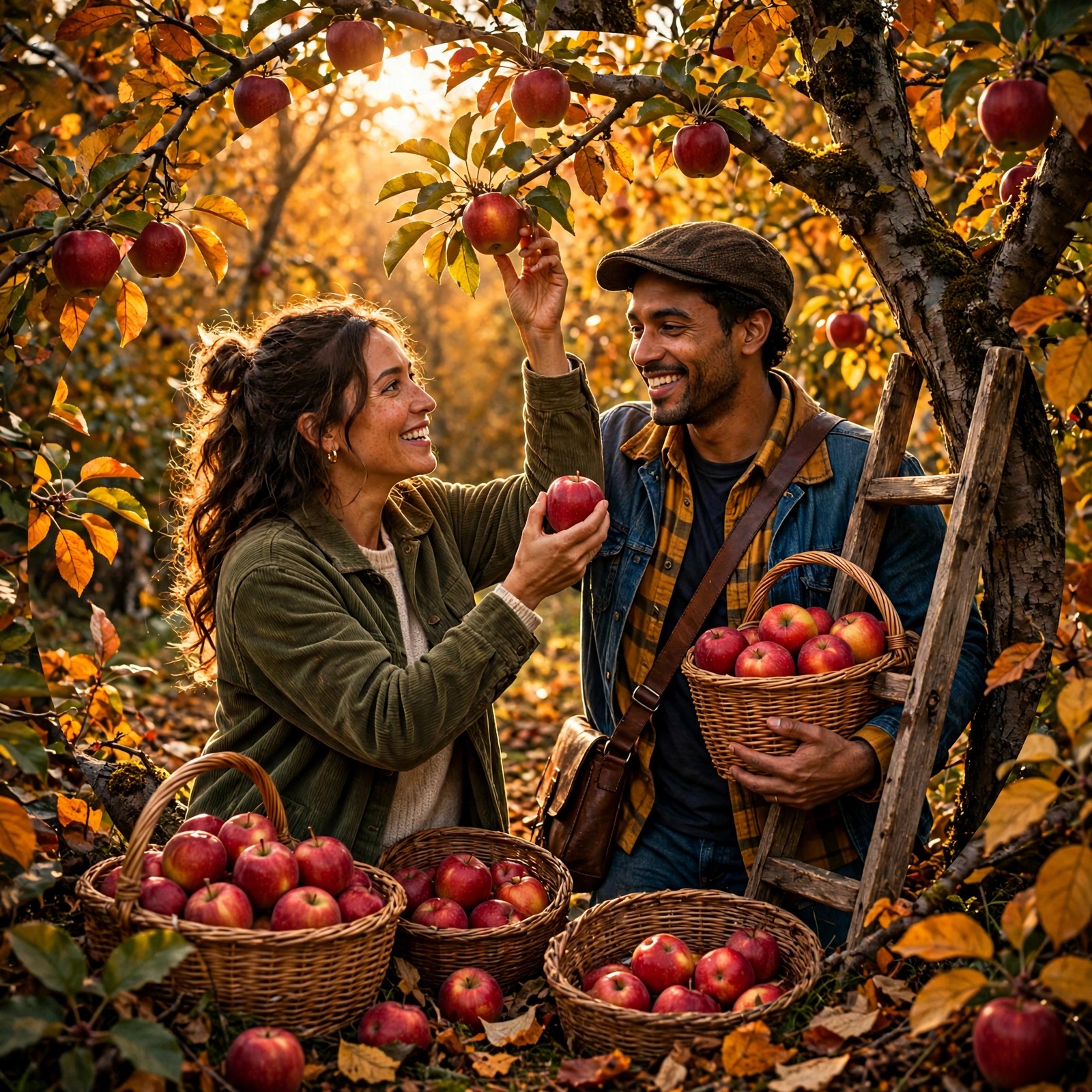 Friends Picking Apples in Autumn Orchard