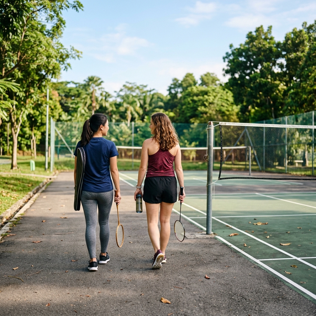 Two friends carry badminton rackets beside an outdoor court