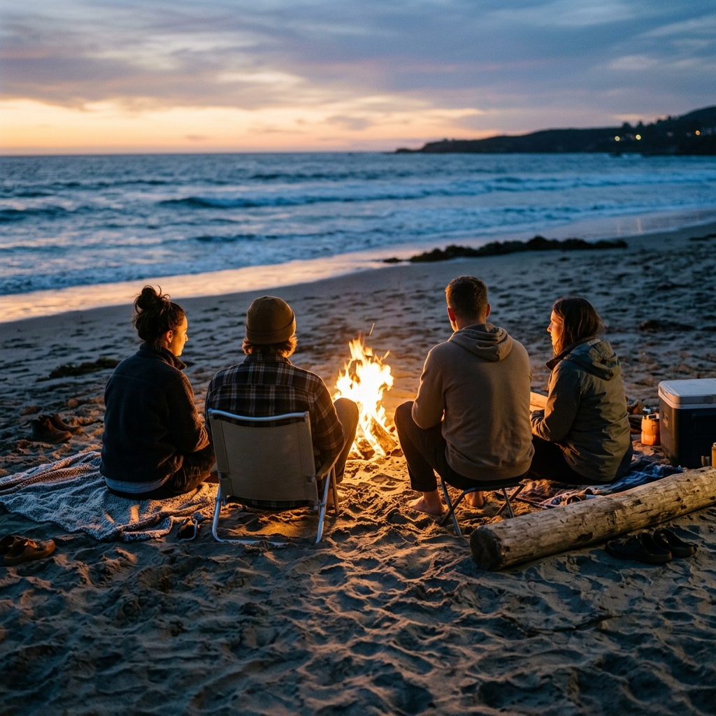 Four friends sit around a beach bonfire beside the ocean at dusk