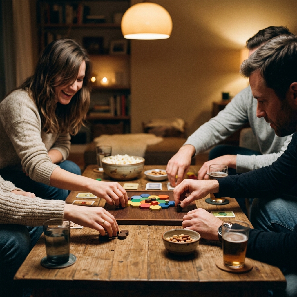 Friends gather around colorful board game pieces and snack bowls