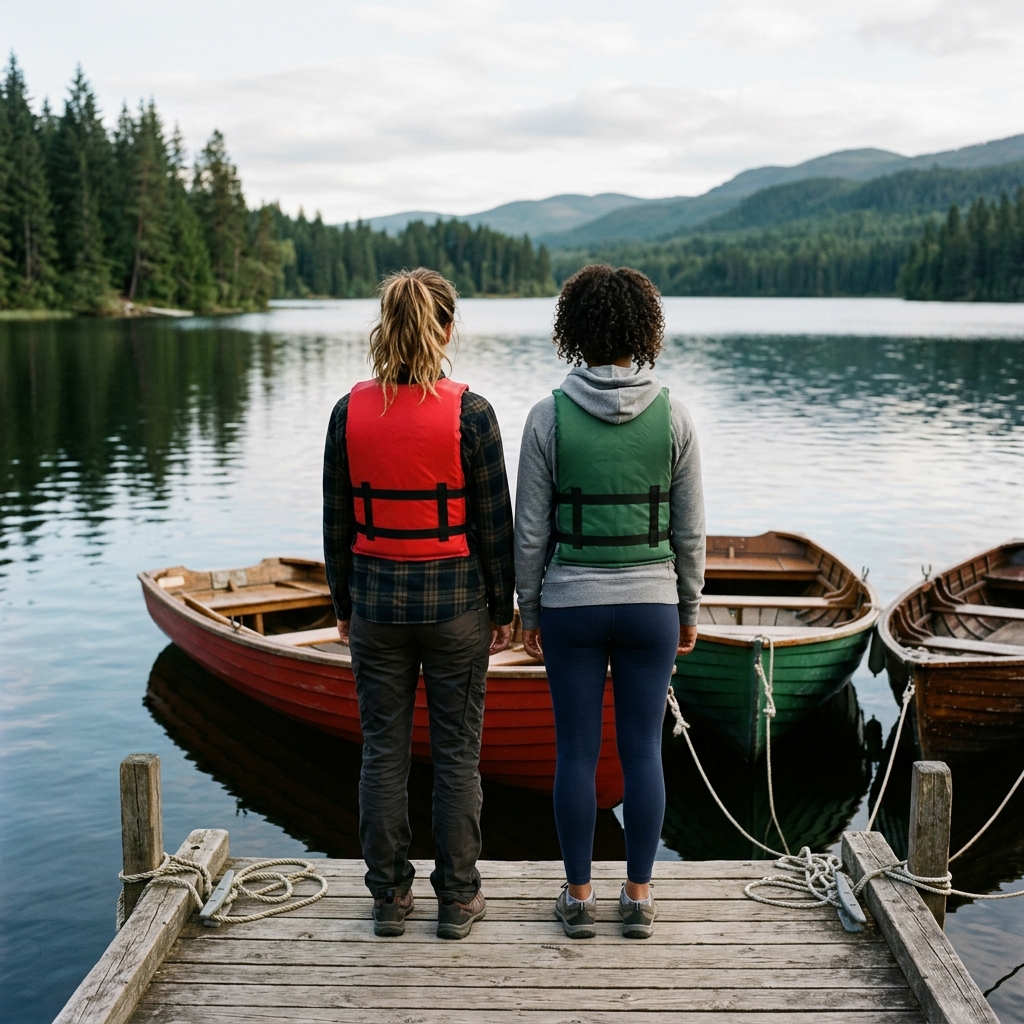 Two friends in life jackets stand beside rowboats at a calm lake dock