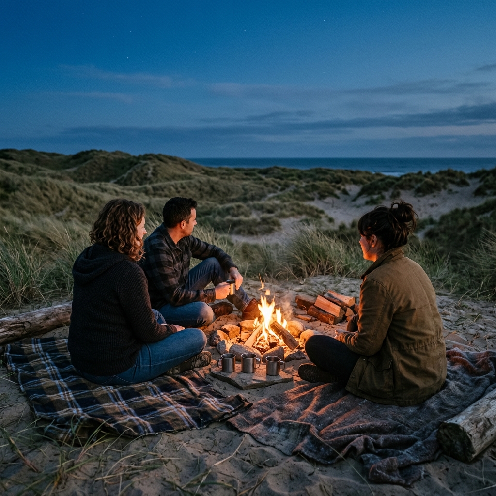 Three friends gather around a campfire among sandy dunes at twilight
