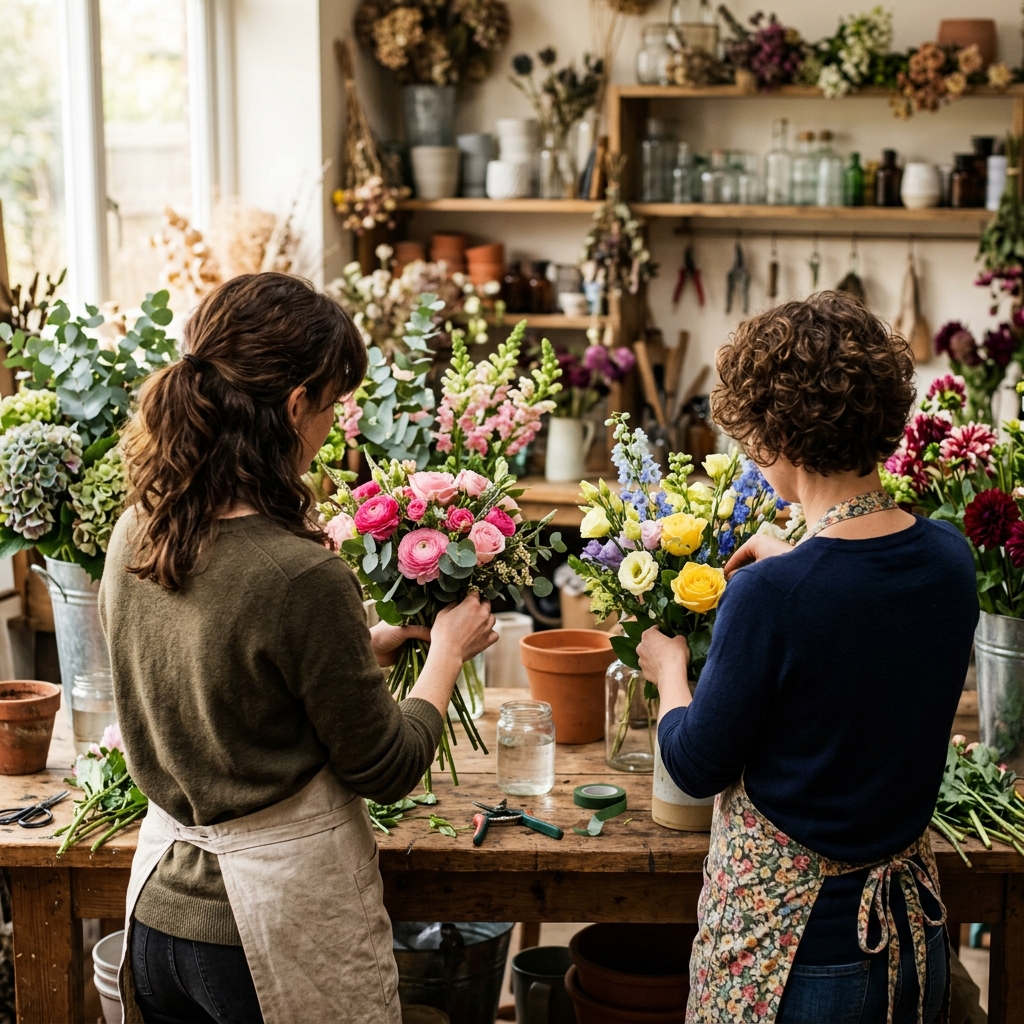 Two friends arrange colorful flowers at a sunny workshop table