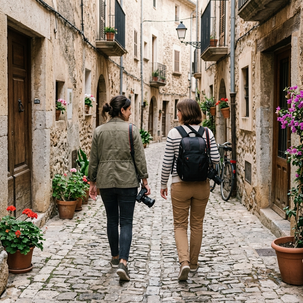 Two friends carry cameras along a narrow flower-lined old town lane
