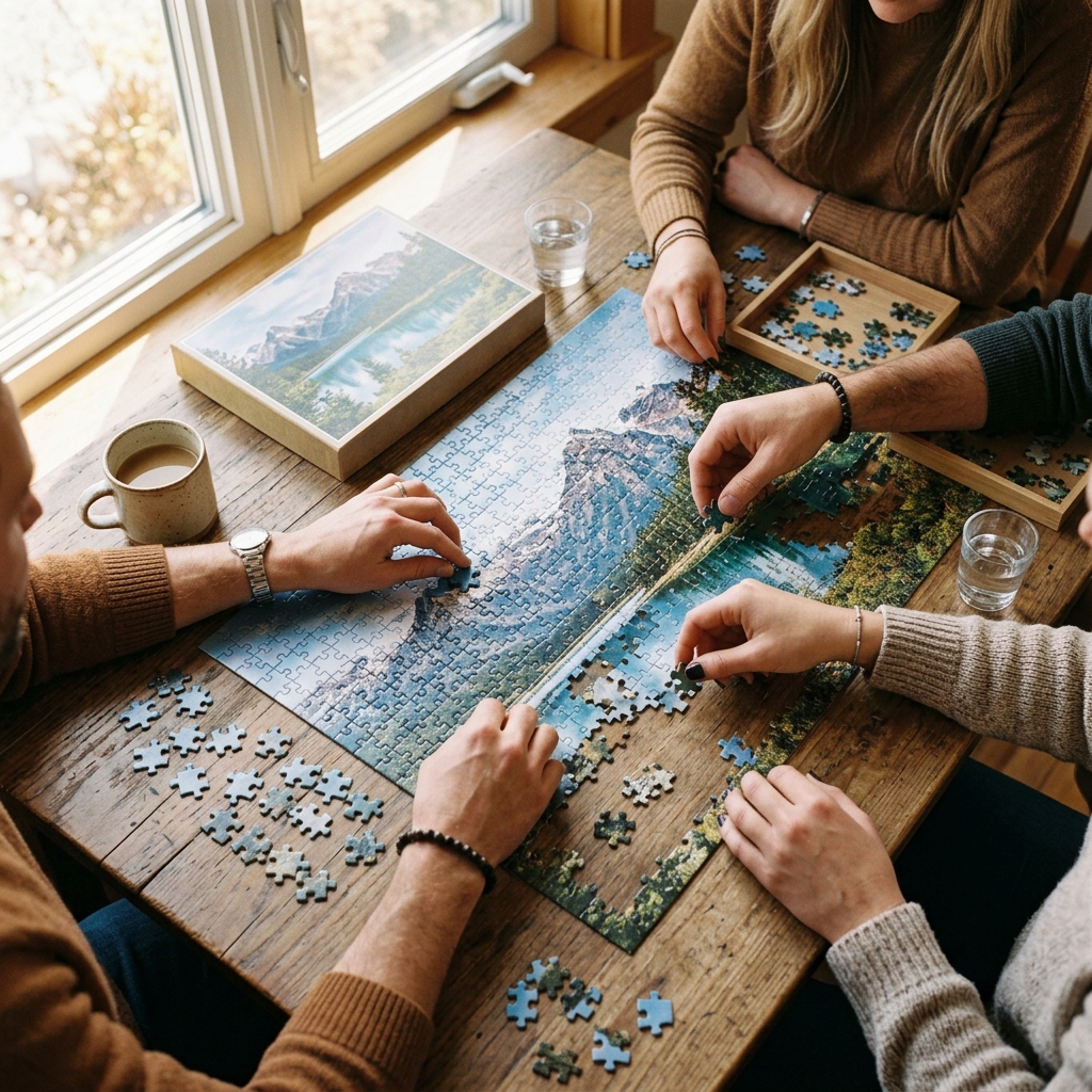 Friends work together on a landscape jigsaw puzzle by a window
