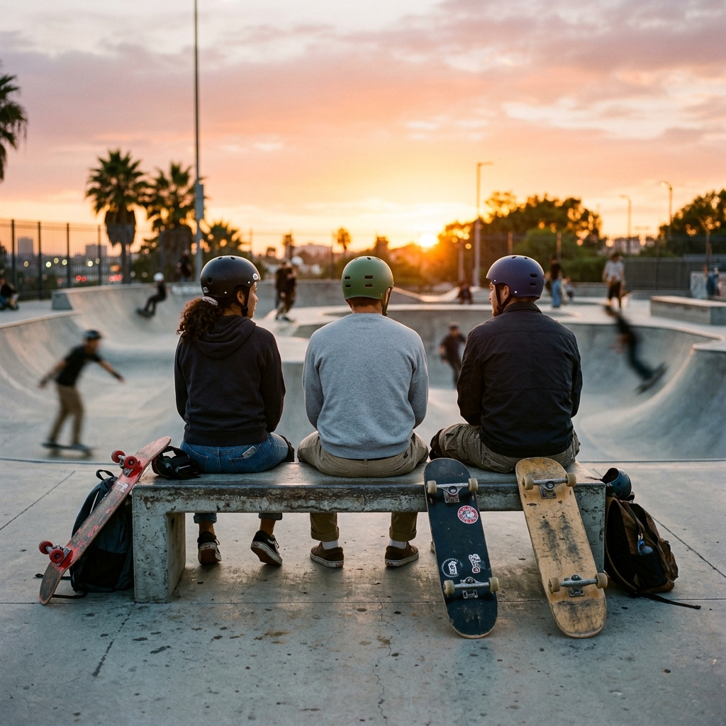 Three helmeted friends rest with skateboards at a skate park at sunset