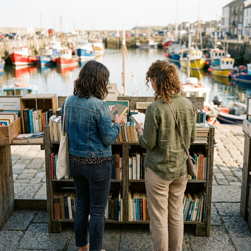 Two friends browse a book stall beside a colorful fishing harbor