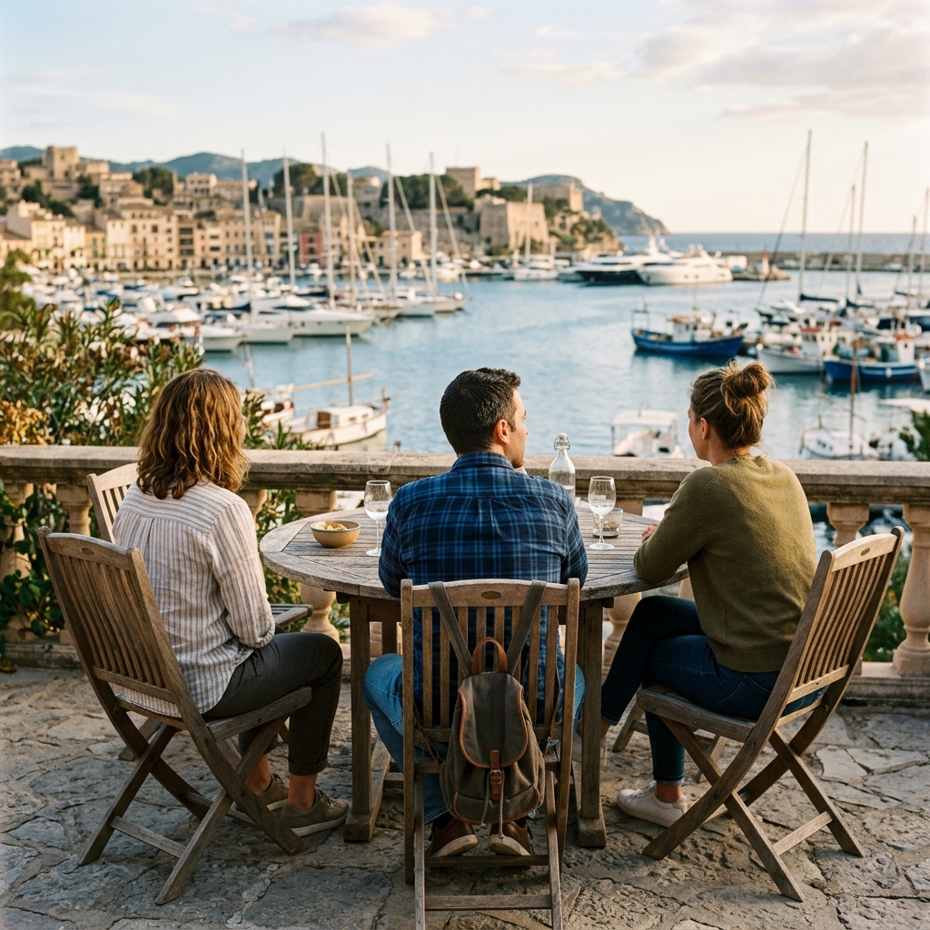 Three friends sit at a seaside cafe overlooking a boat-filled harbor