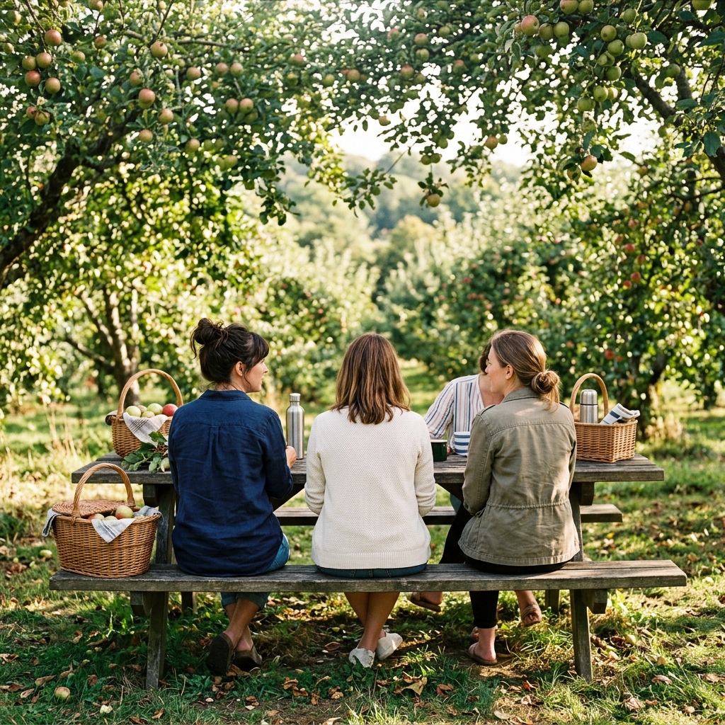 Three friends sit at a picnic table beneath green orchard trees