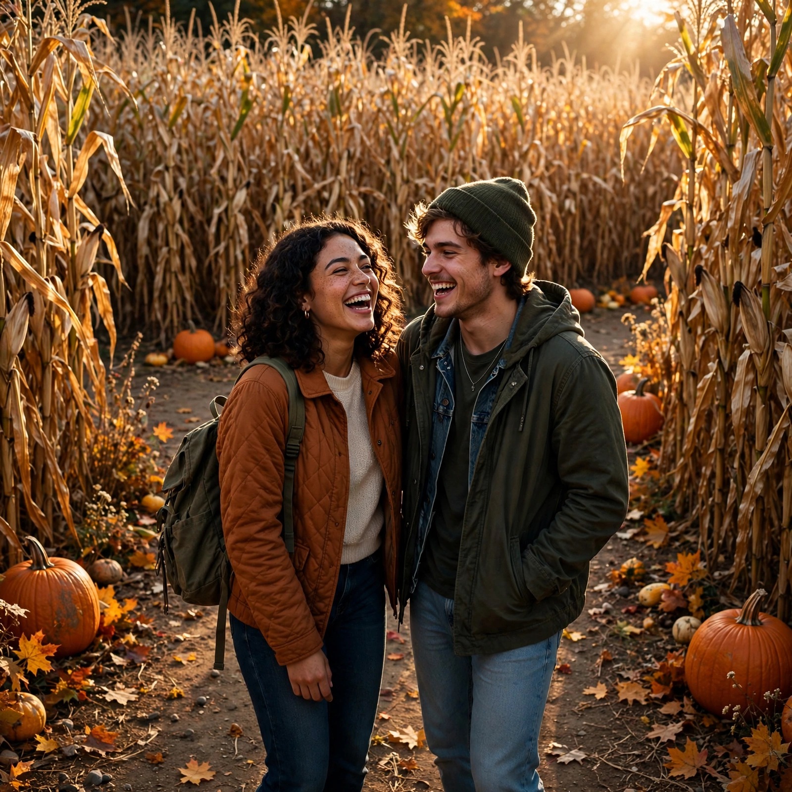 Two friends laughing in an autumn corn maze with golden corn stalks and orange pumpkins