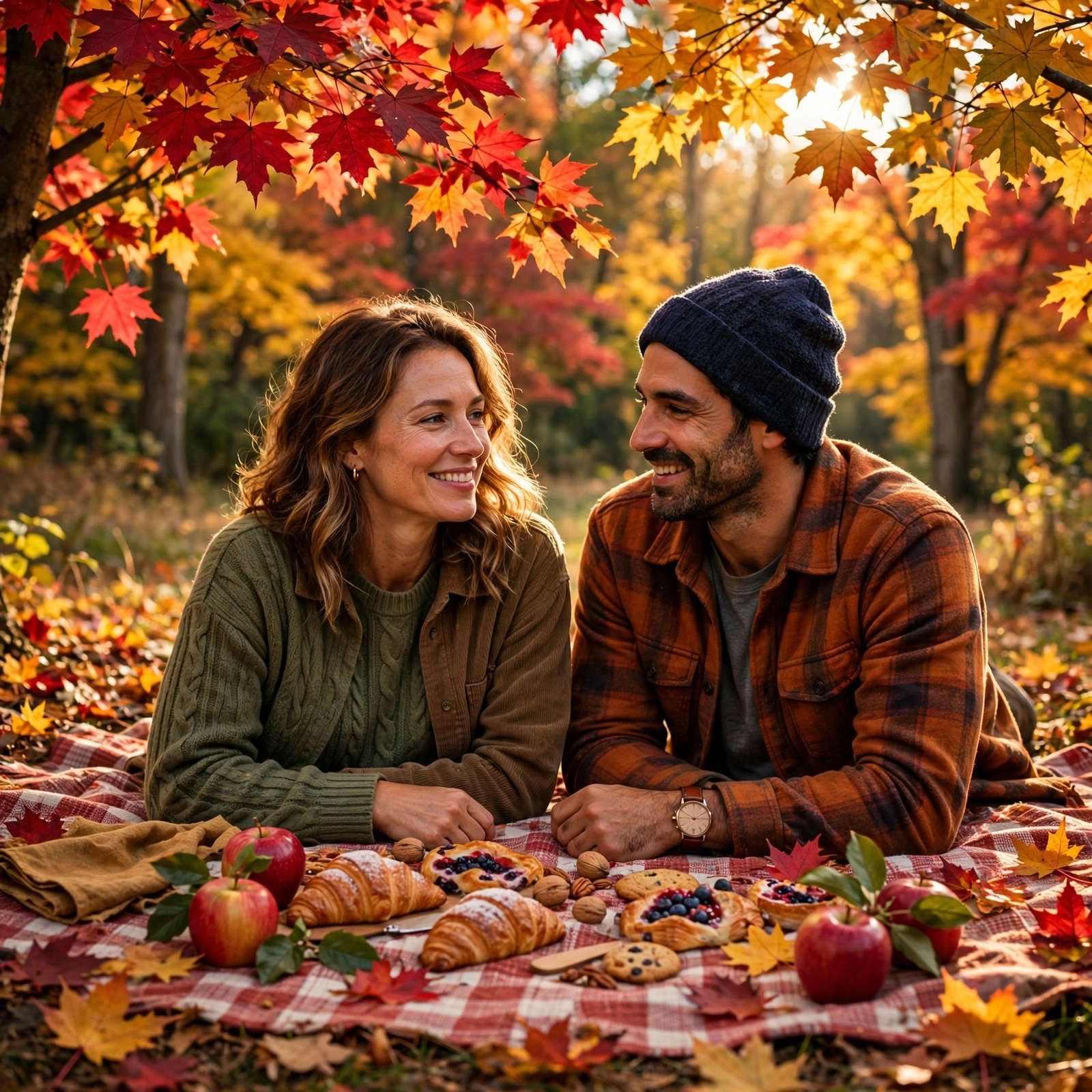 Two friends on a picnic blanket under autumn maple trees