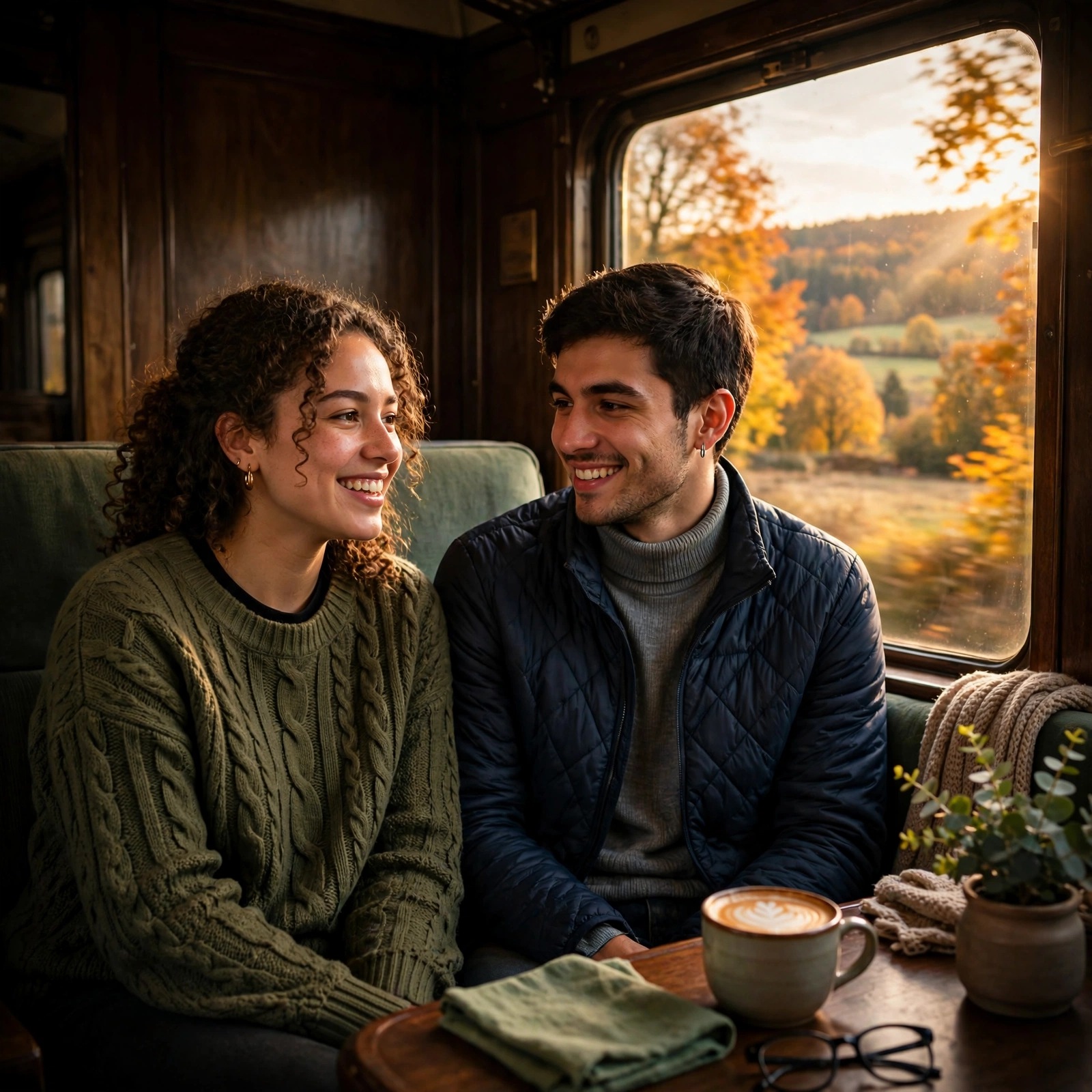 Friends on an Autumn Train by the Window