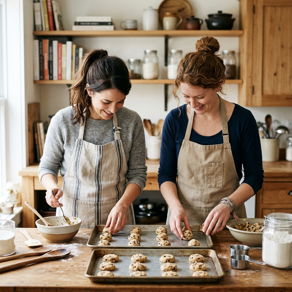 Two friends in aprons prepare cookies together in a bright kitchen