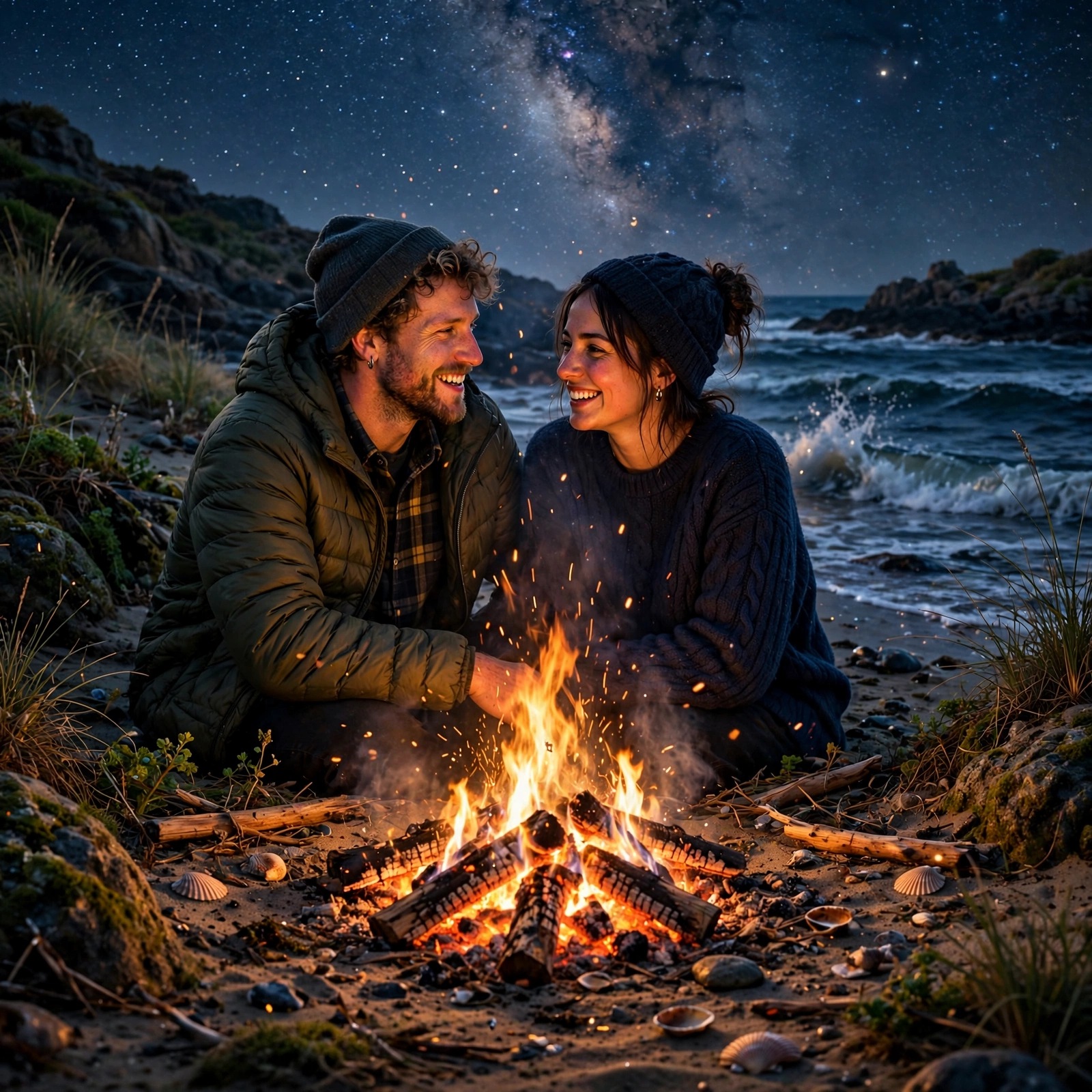 Friends by a Beach Bonfire Under Stars