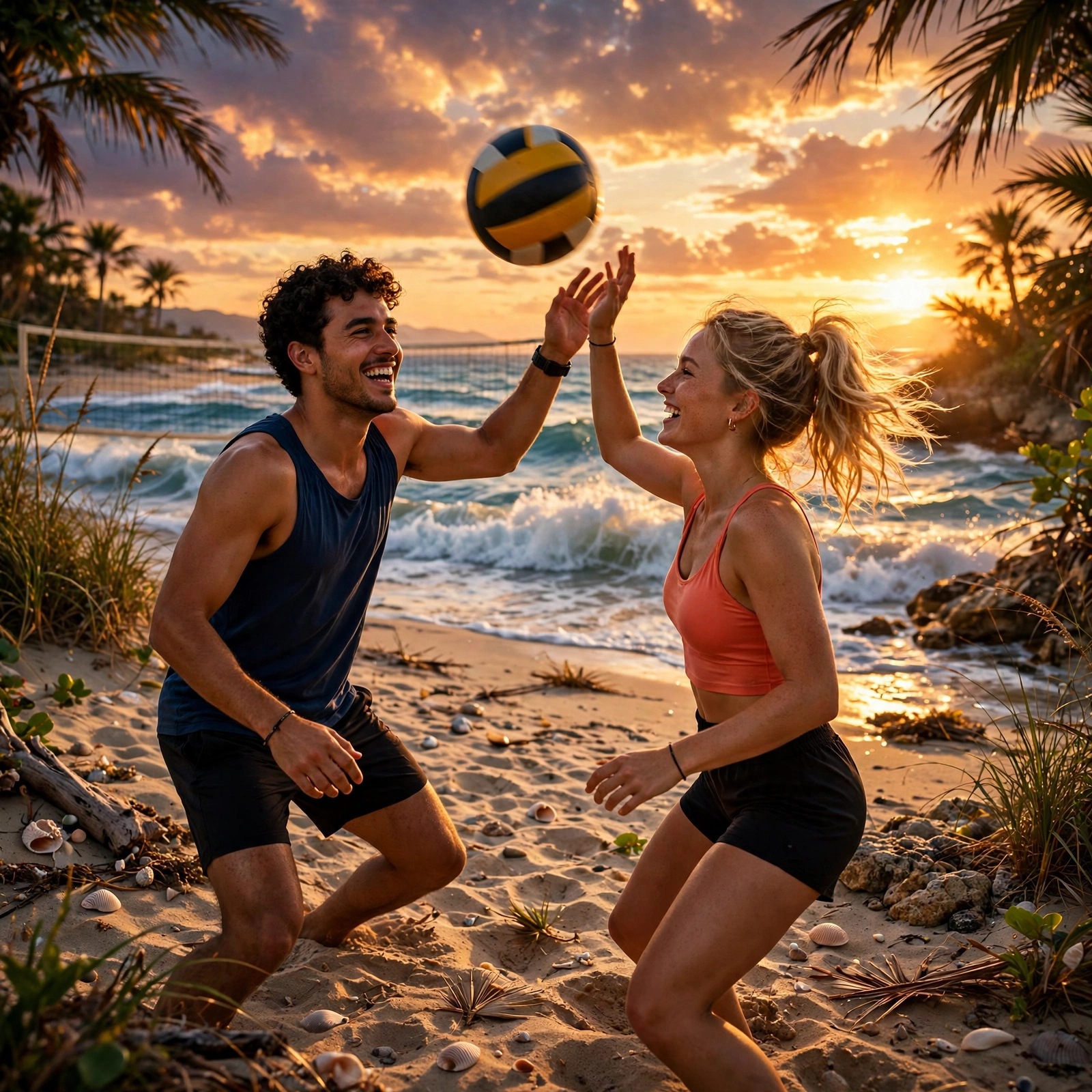 Two friends playing beach volleyball at sunset profile picture