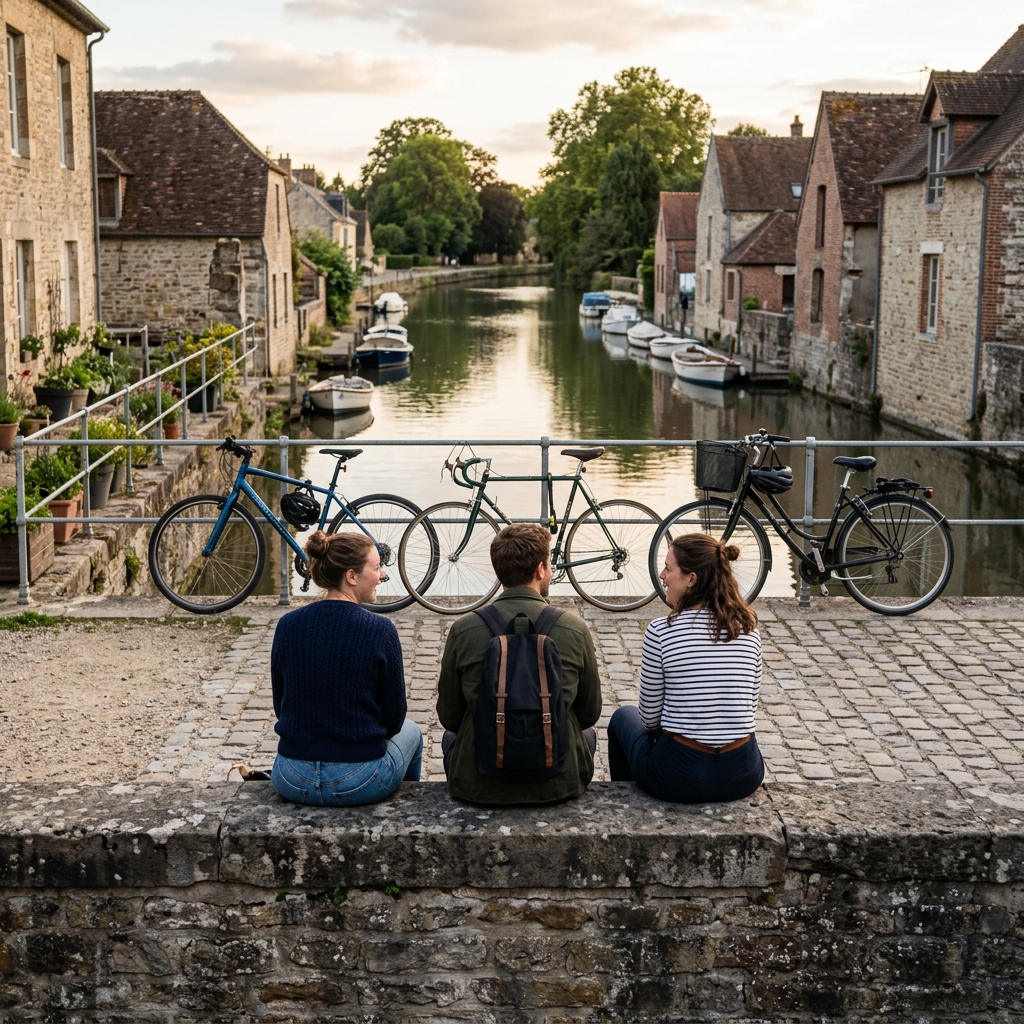 Three friends rest beside a quiet canal with bicycles parked nearby