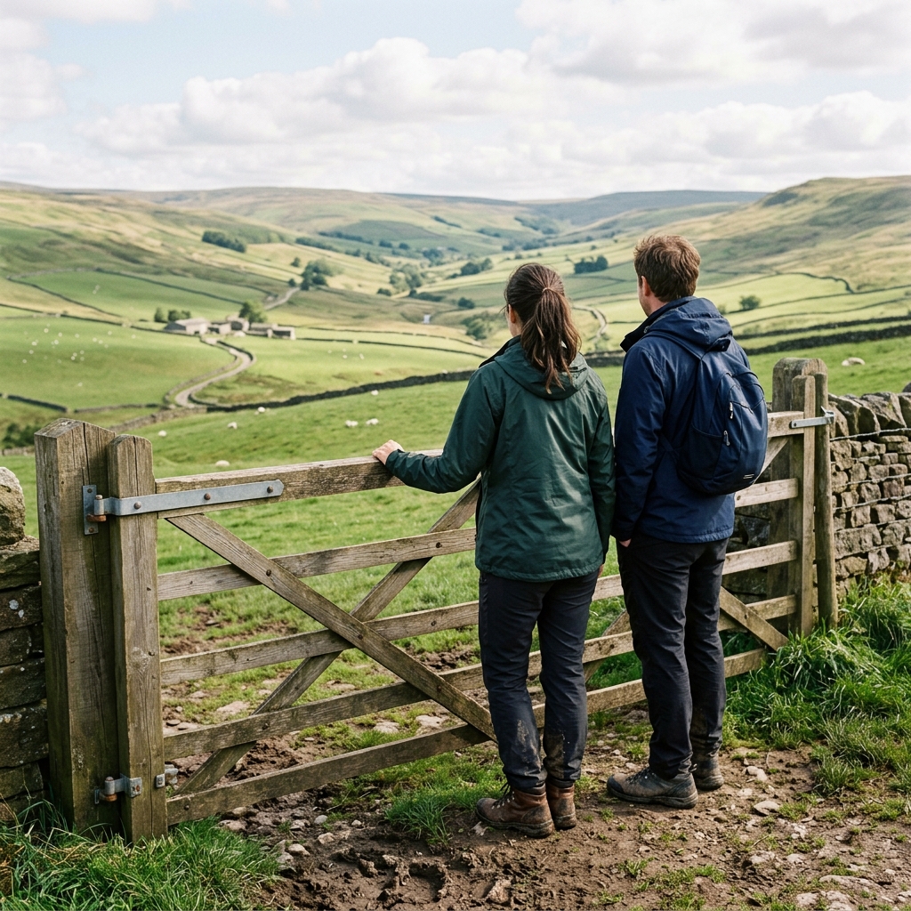 Two friends look across rolling green hills from a wooden field gate