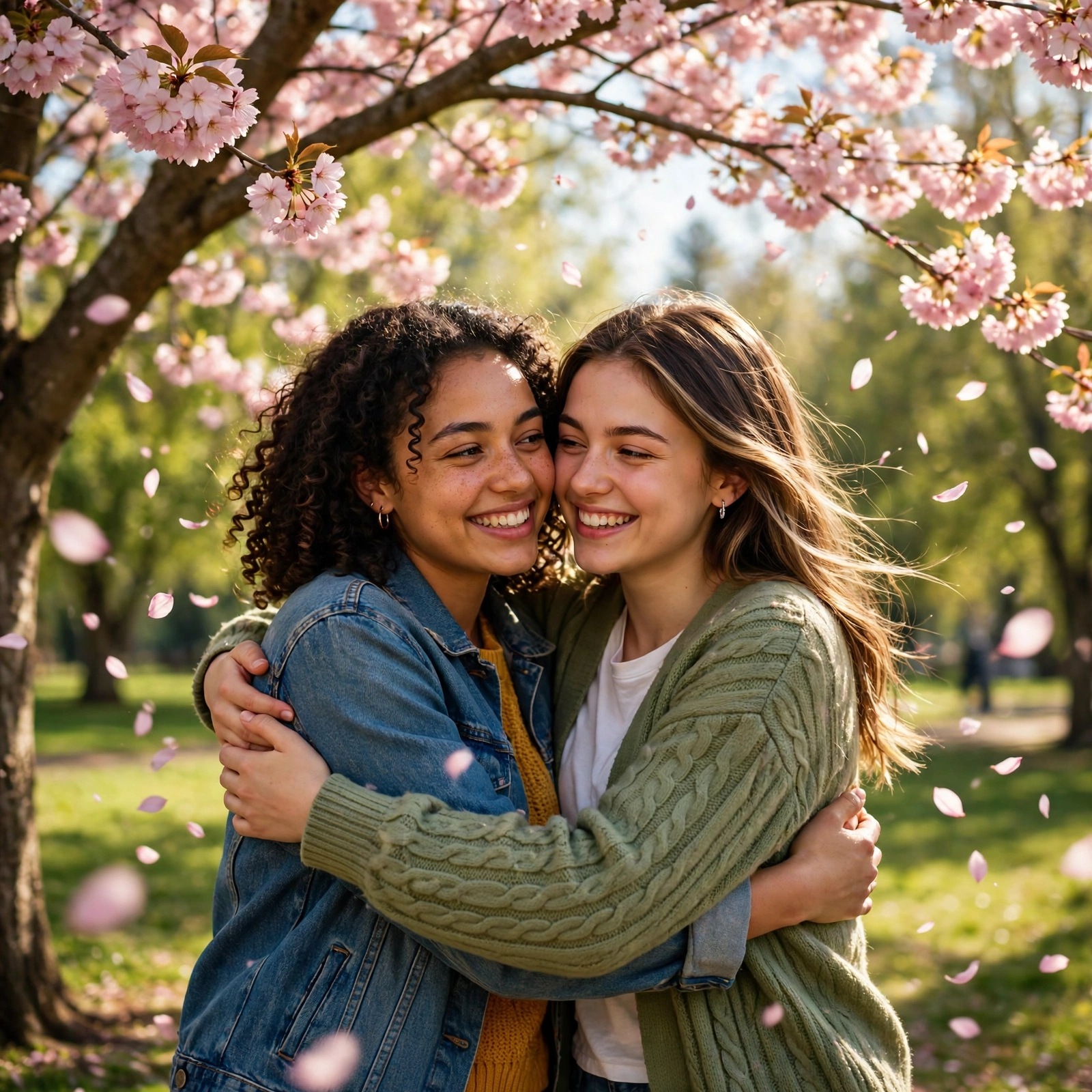 Two friends hugging under a cherry-blossom tree in a park