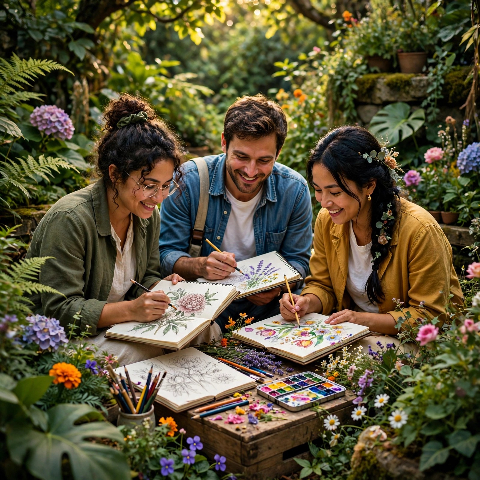 Friends Sketching in a Botanical Garden