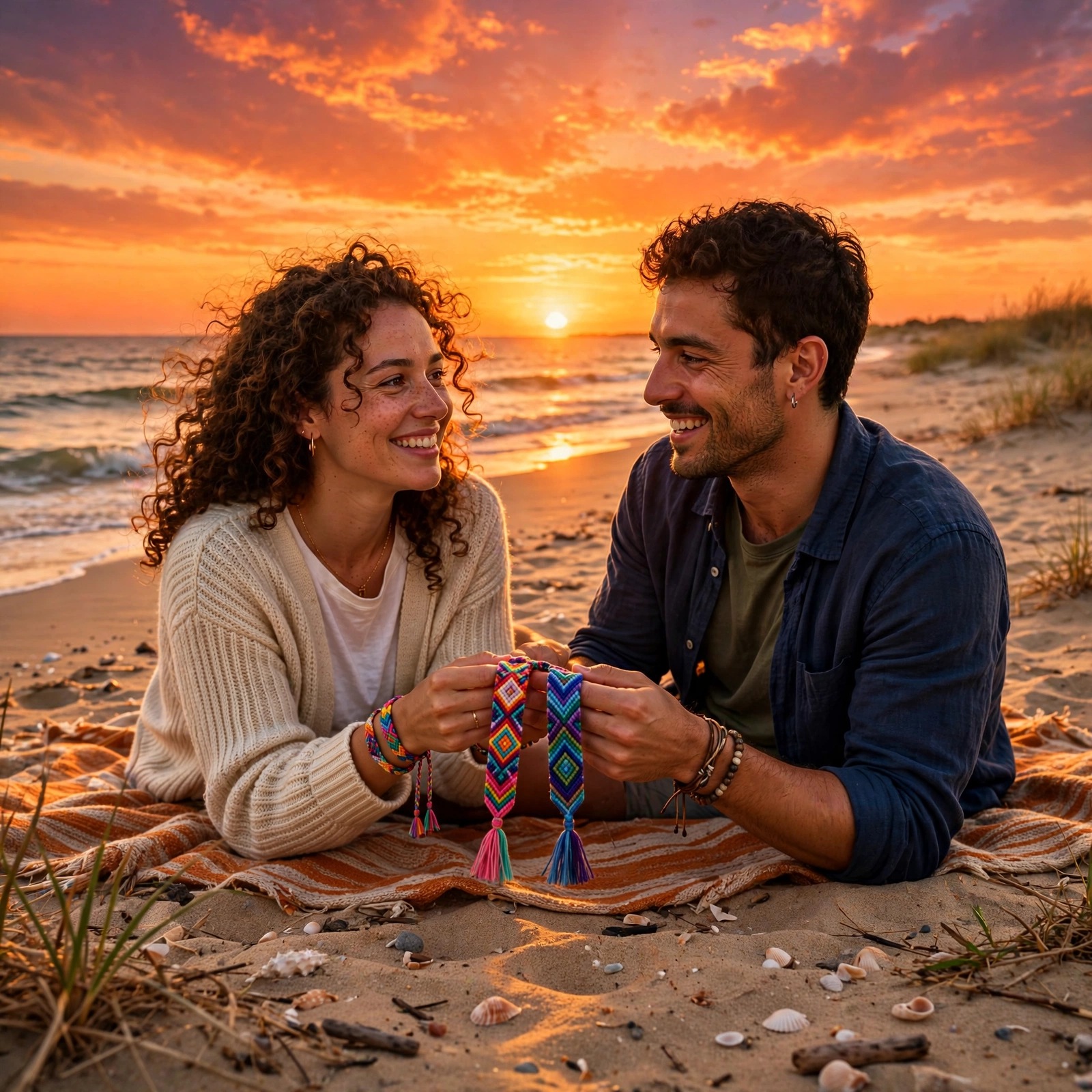 Two friends exchanging colorful friendship bracelets on a beach at sunset, friendship WhatsApp DP