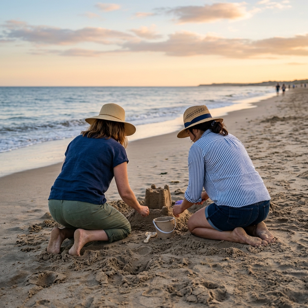 Two friends in sun hats build a sandcastle beside the sea